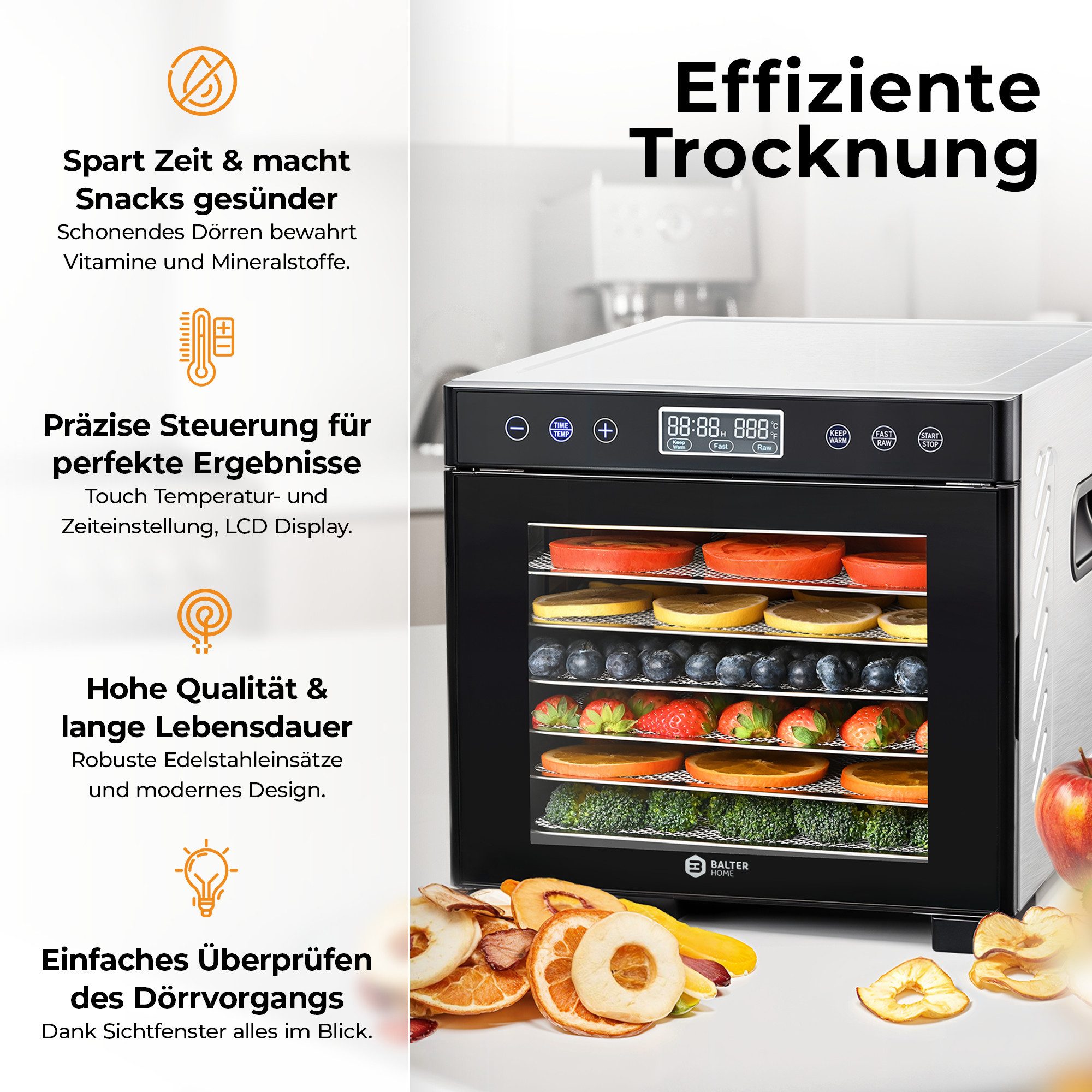 Balter Dörrautomat Edelstahl, Dörrgerät mit 7 Einlegefächern, 600 W, BPA-frei, Dehydrator 600 W, 7 Etagen