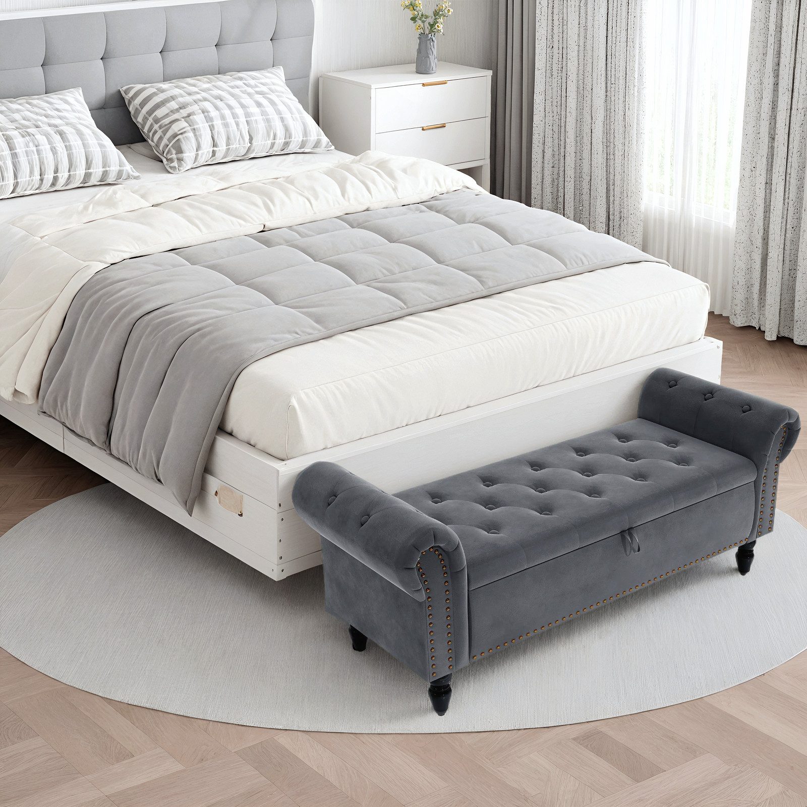 TLGREEN Bettbank Sitzbank mit Stauraum,133 x 53 x 46 cm Polsterbank, (Umdrehen Mit Booster-Gasstange, Bettende mit Deckel, Fußstütze mit stabilen Holzbeinen, Bis 168kg), Sofabank fur Flur, Esszimmer, Schlafzimmer, Wohnzimmer