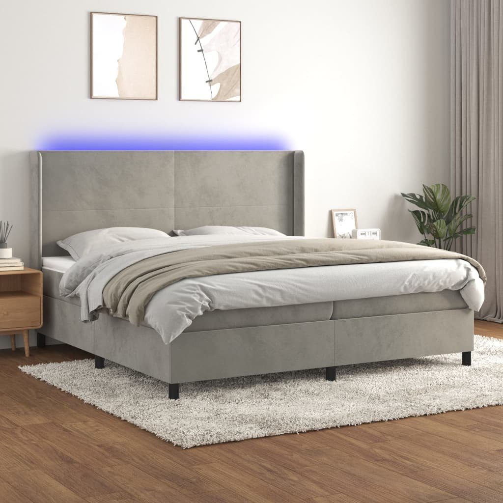 vidaXL Bett Boxspringbett mit Matratze & LED Hellgrau 200x200 cm Samt