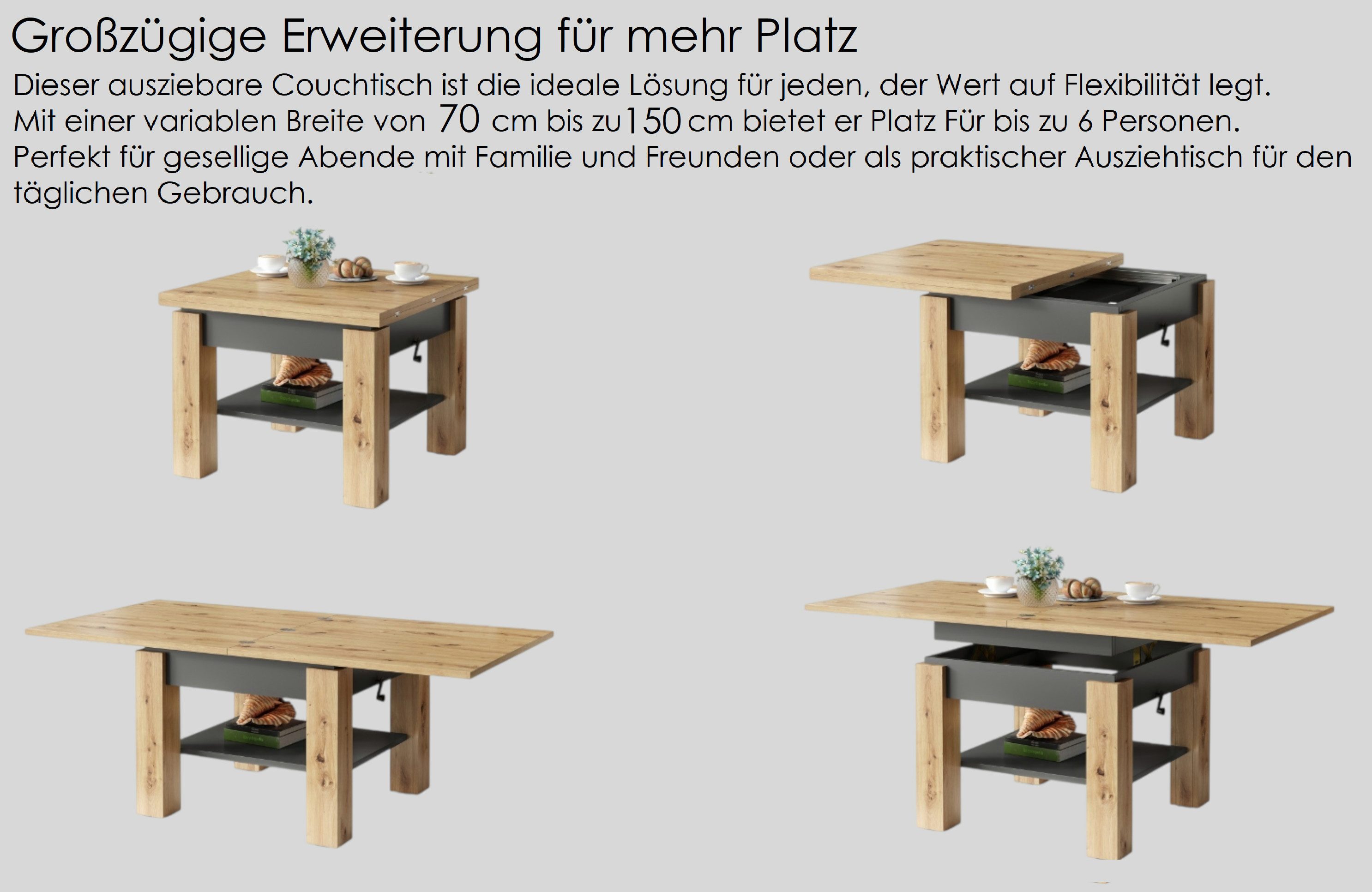 designimpex Couchtisch Design Couchtisch Cleo stufenlos höhenverstellbar aufklappbar Esstisch