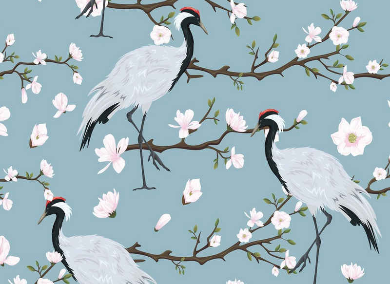 living walls Fototapete »Designwalls Japanese Cranes«, glatt, (5 St), Blumen Fototapete Kirschblüte Japanese Cranes 3,50 m x 2,55 m Blau Weiß 170 g Vlies Tapete Vogel
