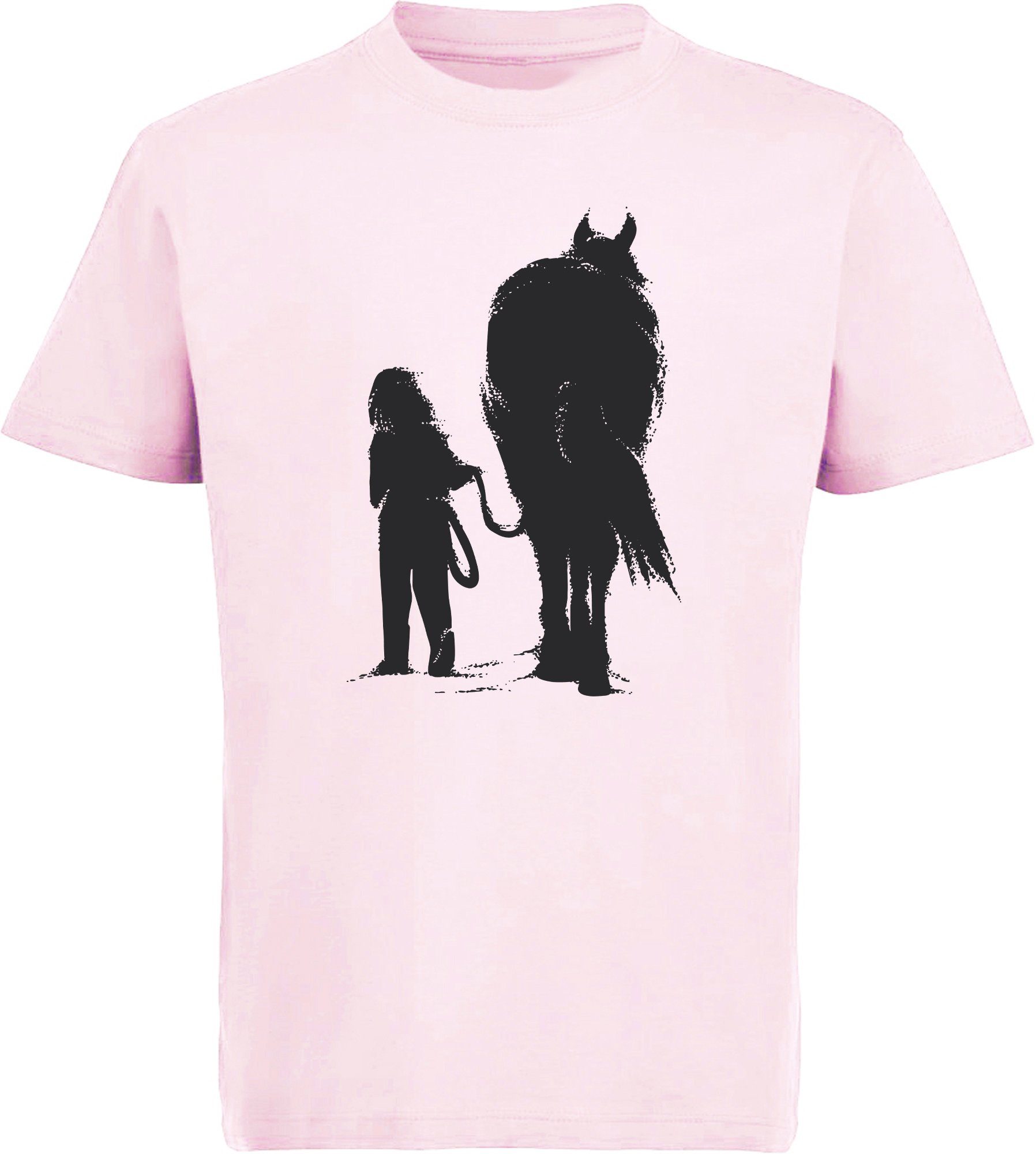 MyDesign24 T-Shirt Kinder Print Shirt bedruckt - Mädchen & Pferd beim Spaziergang Baumwollshirt mit Aufdruck, i250 rosa