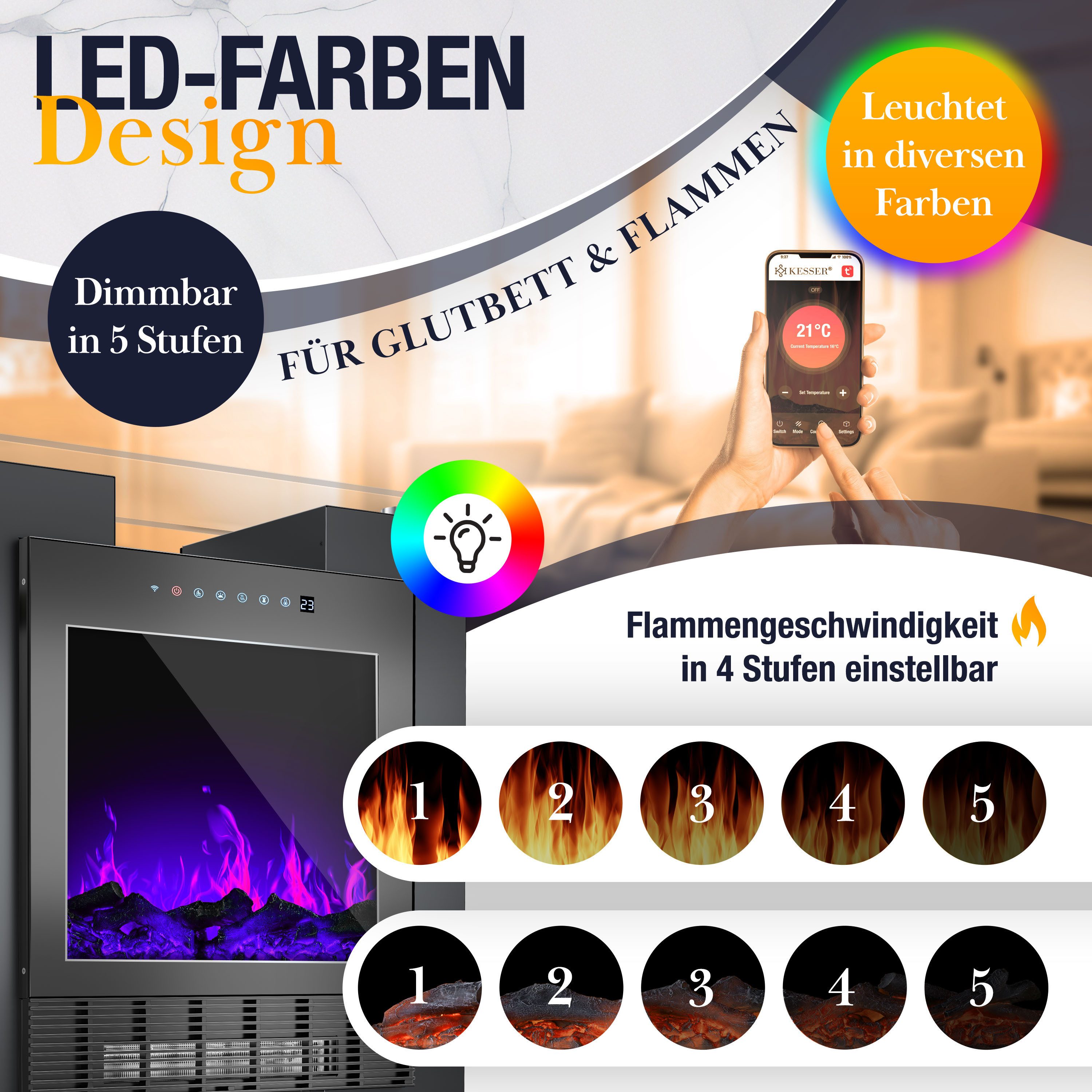 KESSER Elektrokamin LED Kamin mit Heizung & Thermostat Flammeneffekt per App Fernbedienung, Heizlüfter 15-35°C, Standkamin mit realistischem Feuer, Timer & WLAN