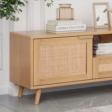 XDeer Sideboard TV-Konsolentisch,TV-Schrank mit echtem Rattandesign, TV-Schrank, mit massiven Holzfüßen,Geflochtener Rattan-TV-Boards - 200*37*49cm