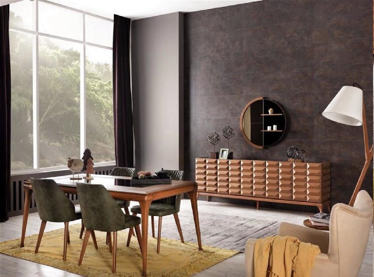 JVmoebel Esszimmer-Set Modern Esszimmer Set Esstisch 4x Stühle Sideboard Spiegel Hochglanz, (7-St., 7tlg. Esszimmer Set(Esstisch + 4x Stühle + Sideboard + Spiegel), Made in Europa