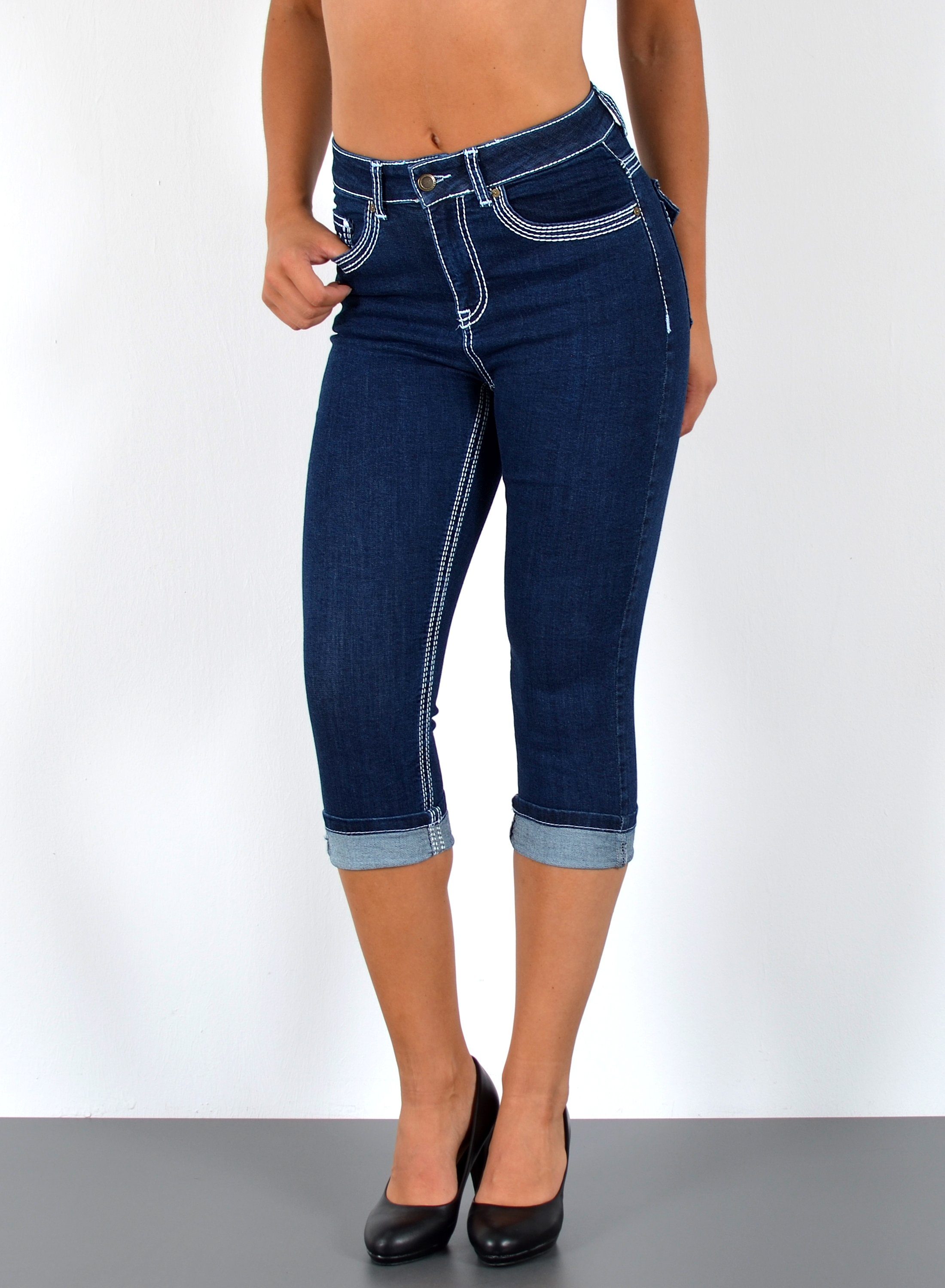 ESRA Caprijeans J563 Damen High Waist Capri Jeans mit dicker Naht, bis Übergröße / Plussize Größe, Damen 3/4 Capri Jeans-Hose Hochbund mit Kontrastnähte, bis Große Größen, Damen Caprijeans High Rise mit weißer Doppelnaht