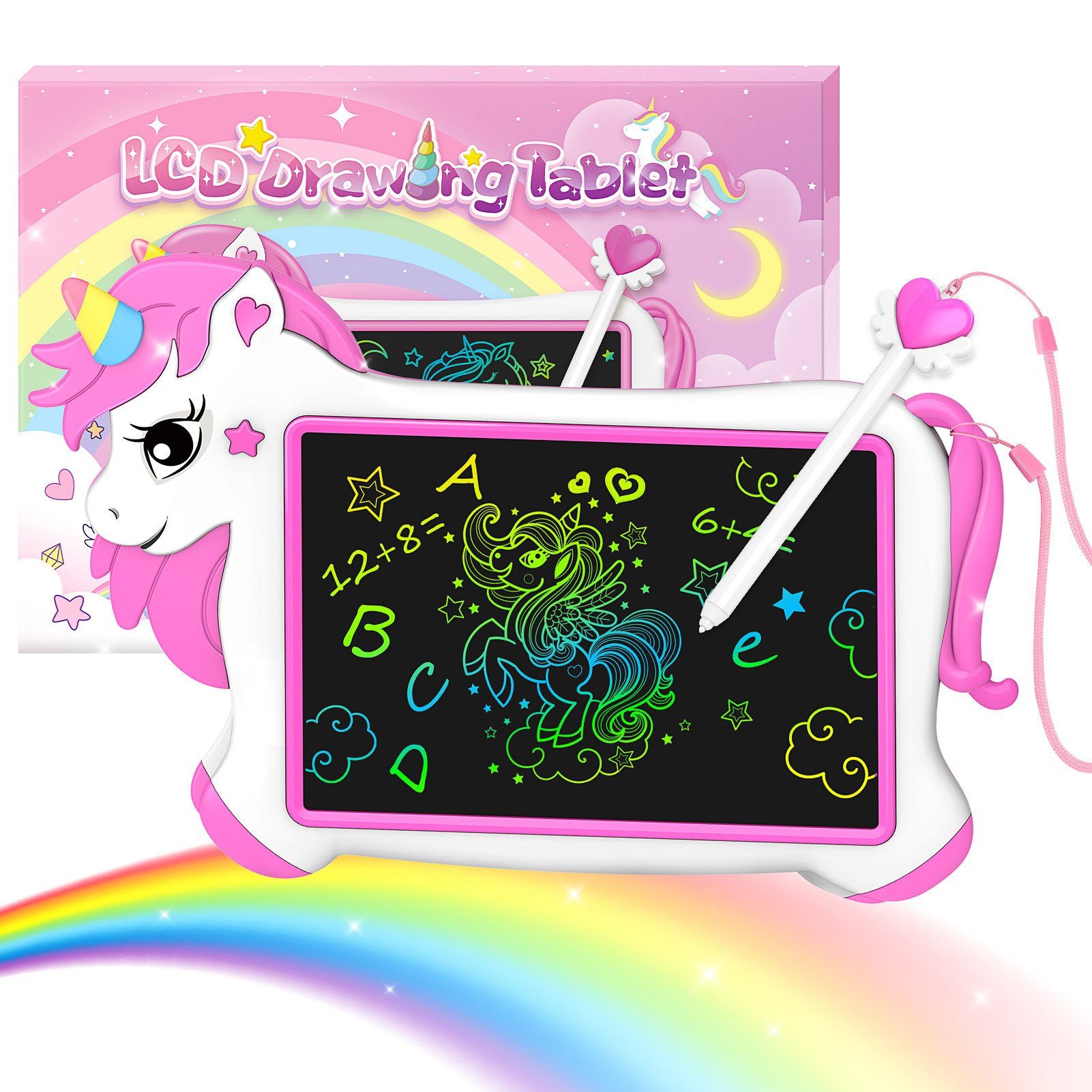 Wootoy Zaubertafel Einhorn Maltafeln Kinder Schreibtafel 10 Zoll Zeichentablet mit Stift, (Stifthalter und elastisches Befestigungsband sorgen, 1-tlg., Kreative Beschäftigung ohne zusätzliches Malzubehör), Kompakte und leichte Bauweise ideal für Zuhause Reisen und unterwegs