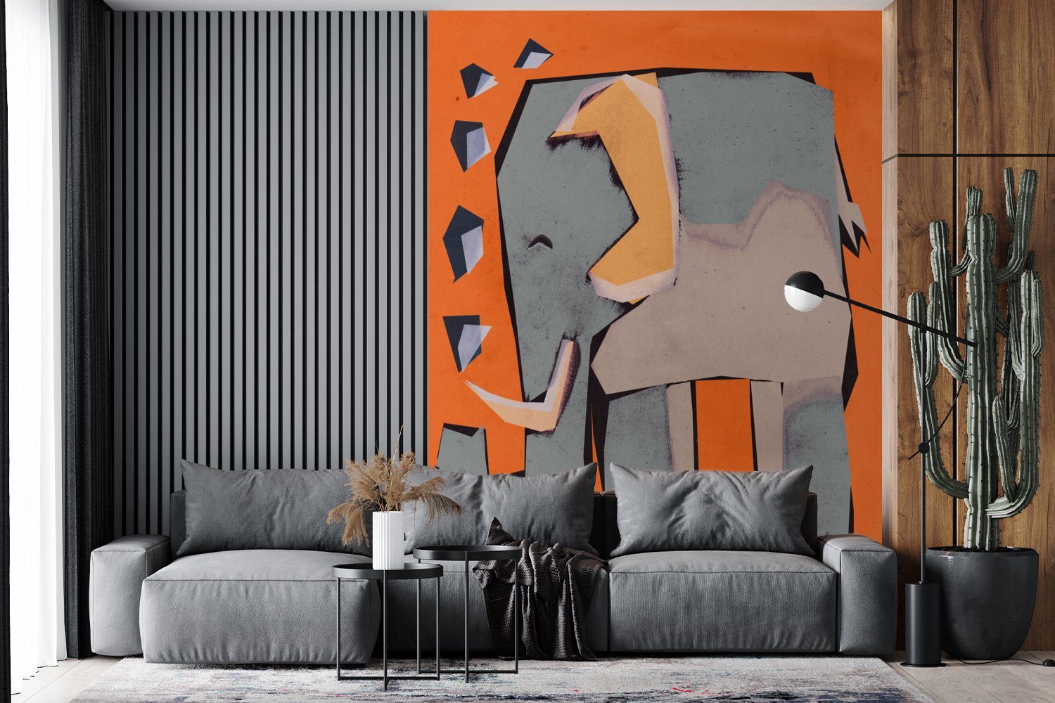 MuchoWow Fototapete Elefant - Montagefertig Matt, - Kinder Tapete Wandtapete Vinyl Tiere, (4 bedruckt, Wohnzimmer, St), - Orange Pastell - für