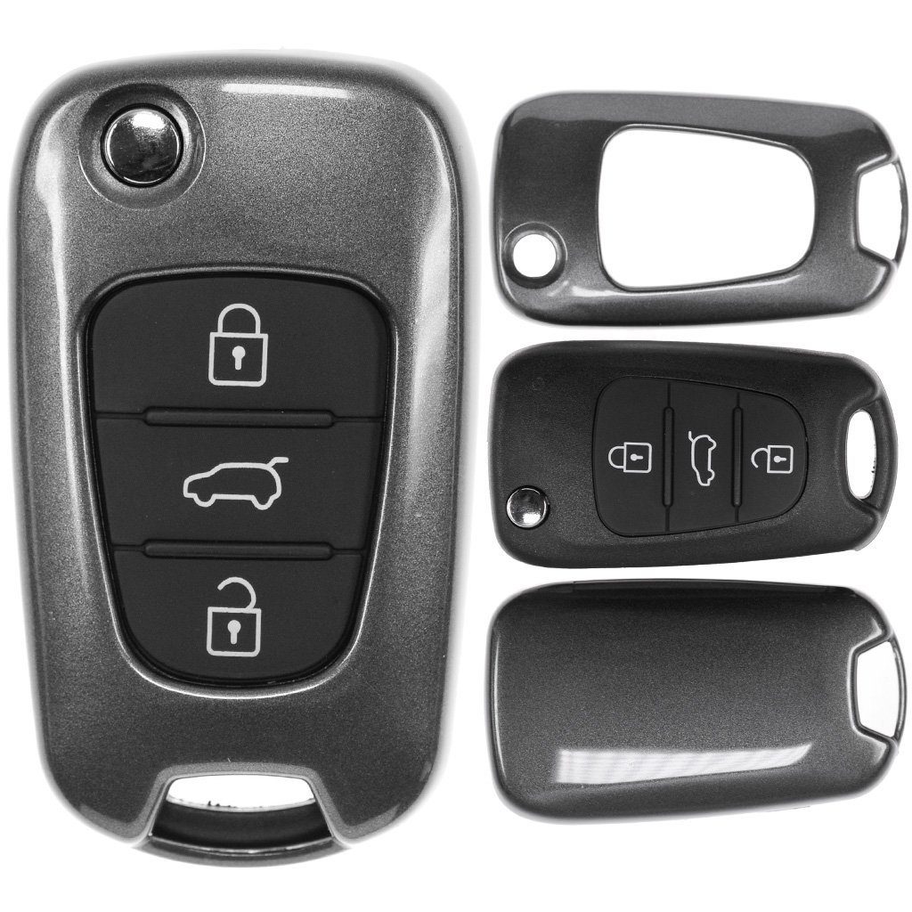 mt-key Schlüsseltasche Autoschlüssel Hardcover Schutzhülle Metallic Grau, für Hyundai i30 ix20 ix35 Kia Soul Sportage Ceed Klappschlüssel