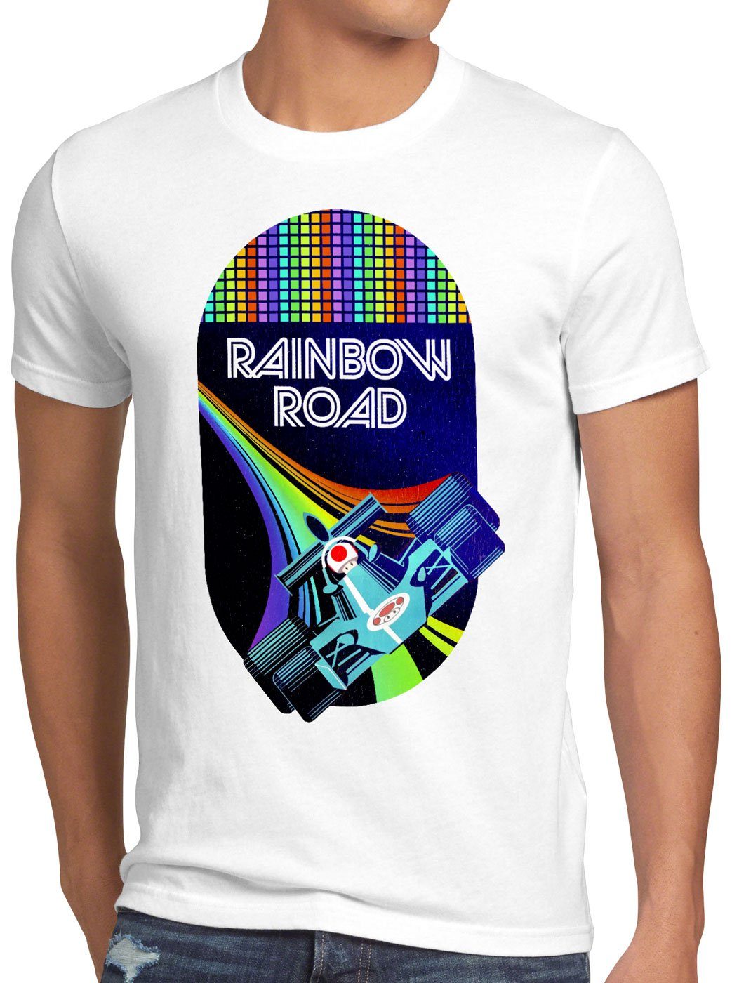 gp double dash Print-Shirt T-Shirt Road kart Rainbow tour mario style3 Herren weiß