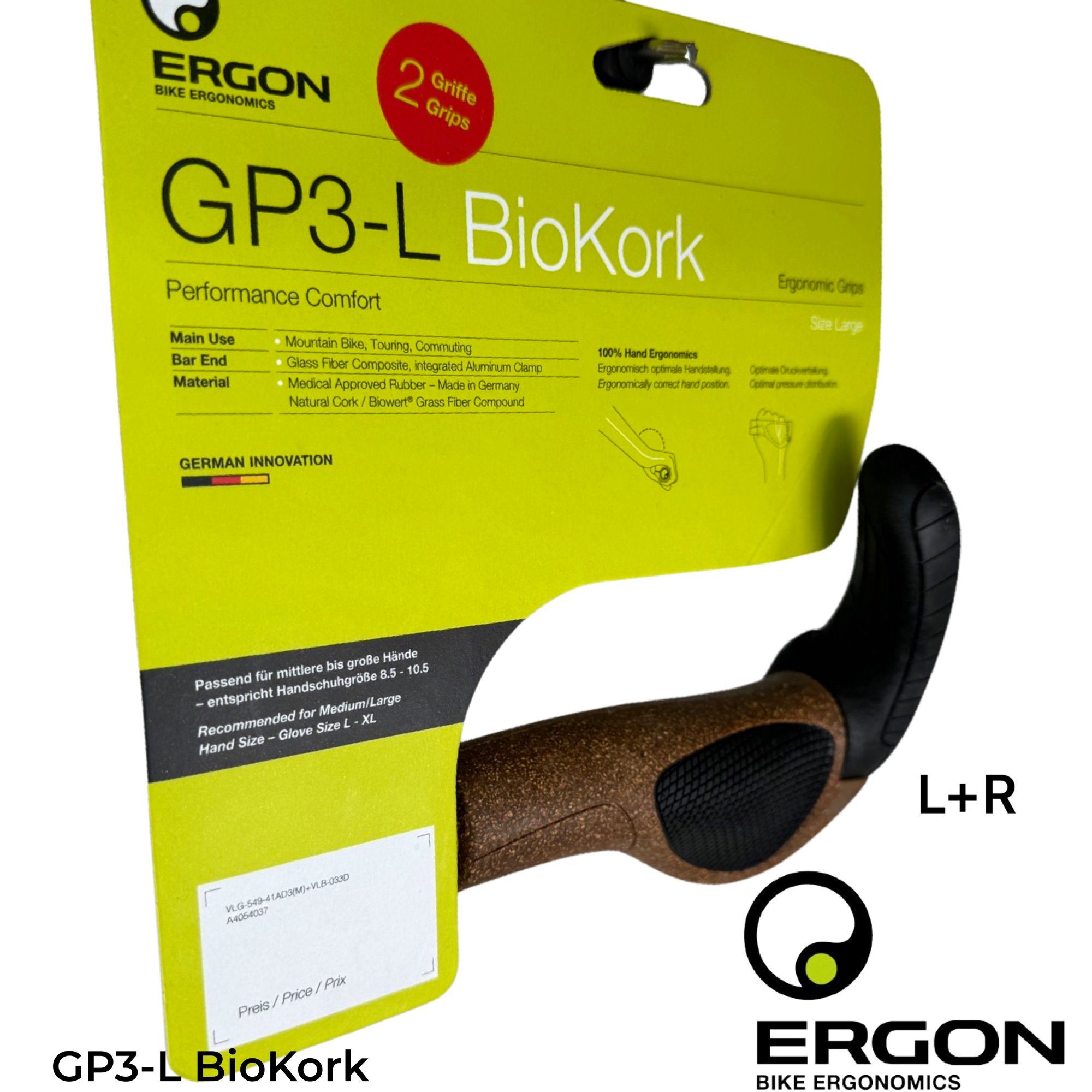 Ergon Fahrradlenker Ergon GP3-L BioKork City Ebike Ergo komfort Fahrrad Griffe Hörnchen