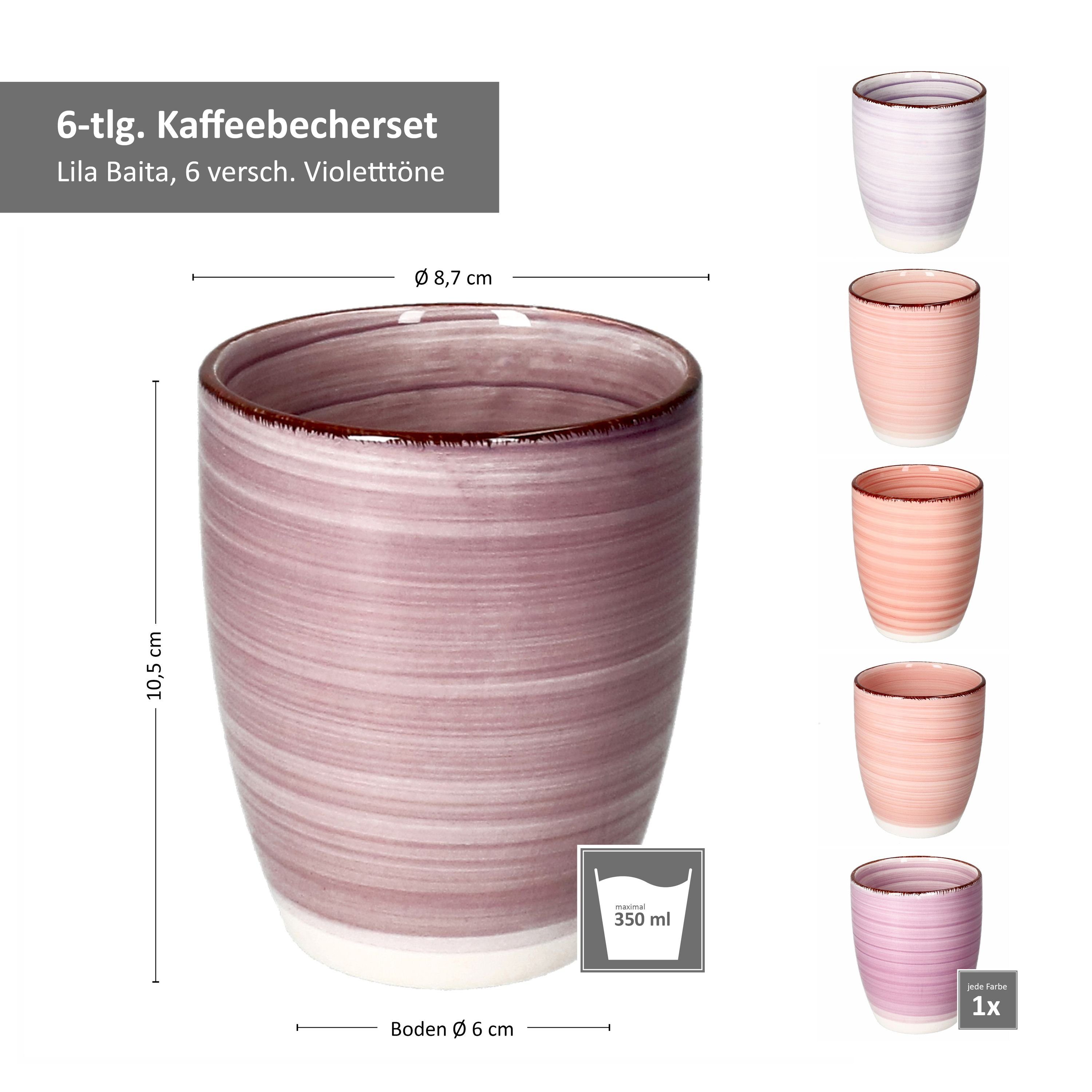 MamboCat Becher 6er Set Kaffeebecher Lila Steingut Henkel ohne Baita