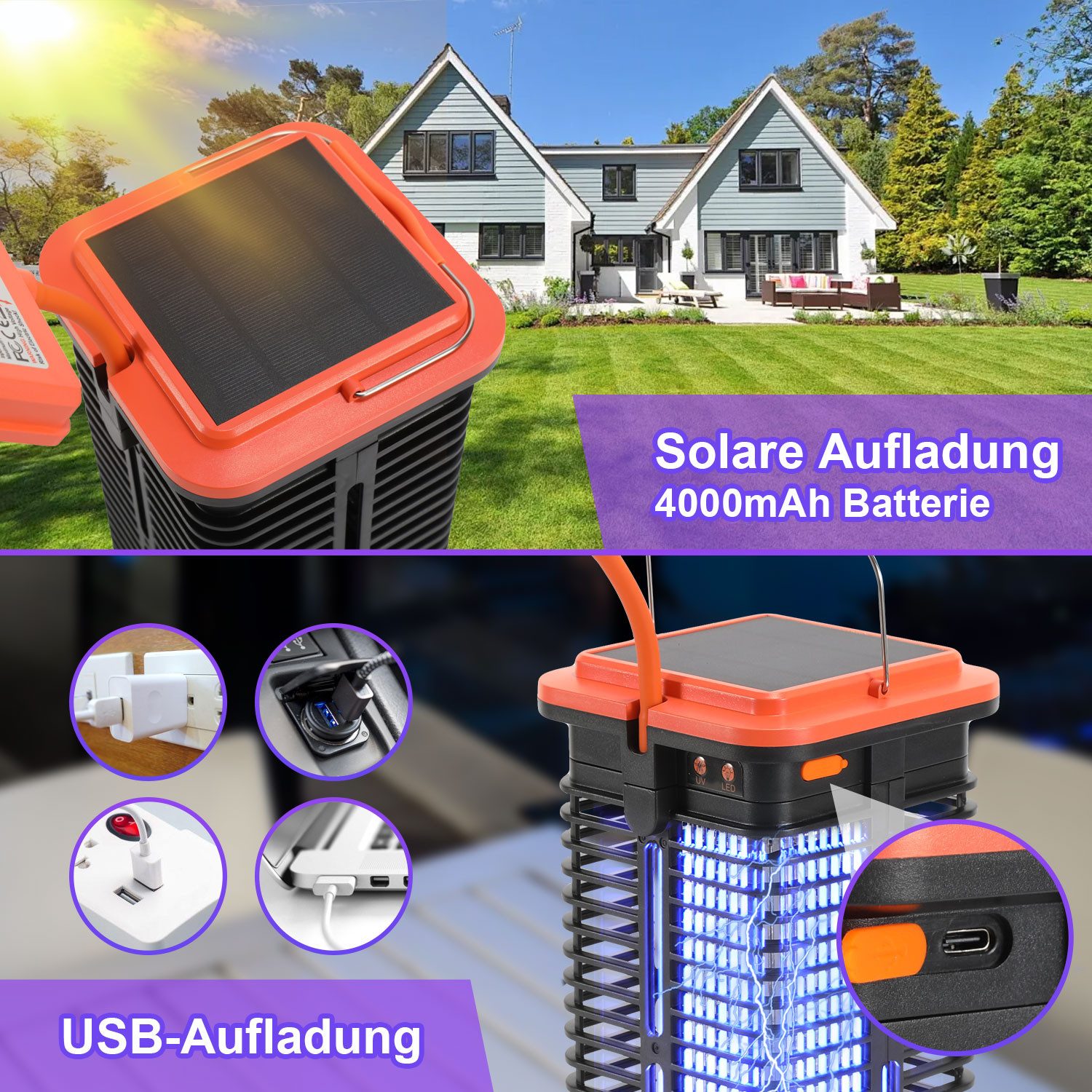 Clanmacy Insektenvernichter Solar Insektenvernichter Mückenlampe Lampe Insektenfalle Fluginsekten