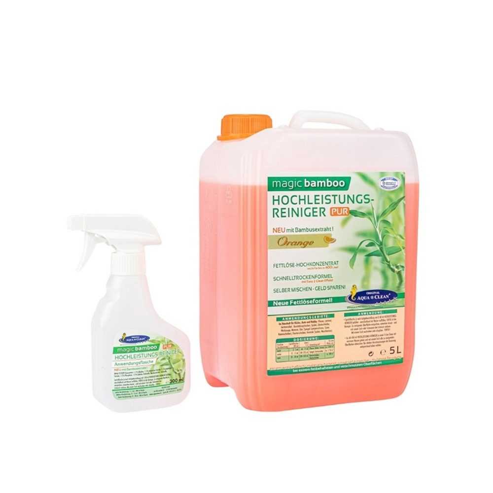 AQUA CLEAN Magic Bamboo Hochleistungsreiniger 5l Orange Reinigungskonzentrat (1 x 5 l Hochleistungsreiniger, 1 x Sprühflasche, 1 x Abfüllhahn Stark gegen Fett und Schmutz, konzentriert und vielseitig einsetzbar)