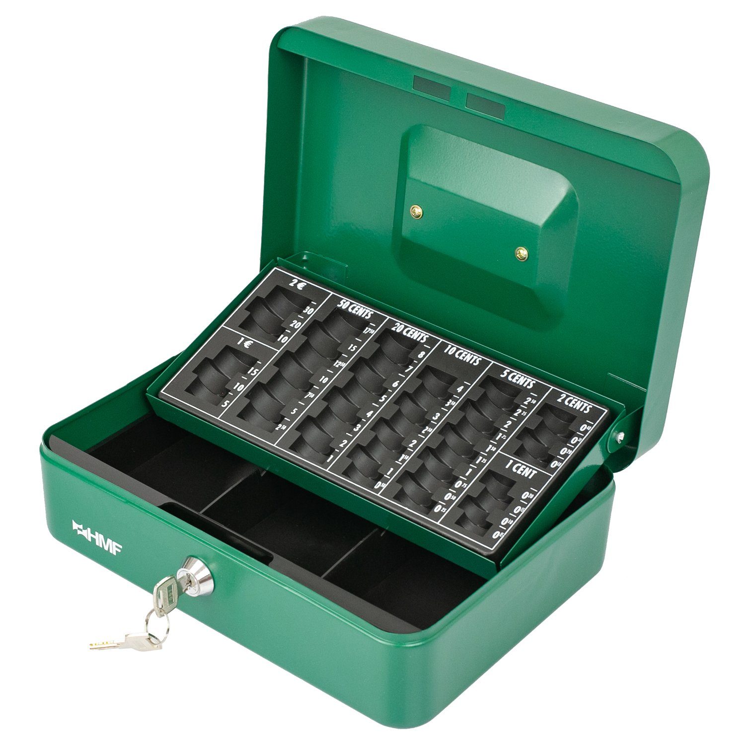 HMF Geldkassette abschließbare Bargeldkasse mit Münzzählbrett und Scheinfach, robuste Geldbox mit Schlüssel, 25x18x9 cm grün