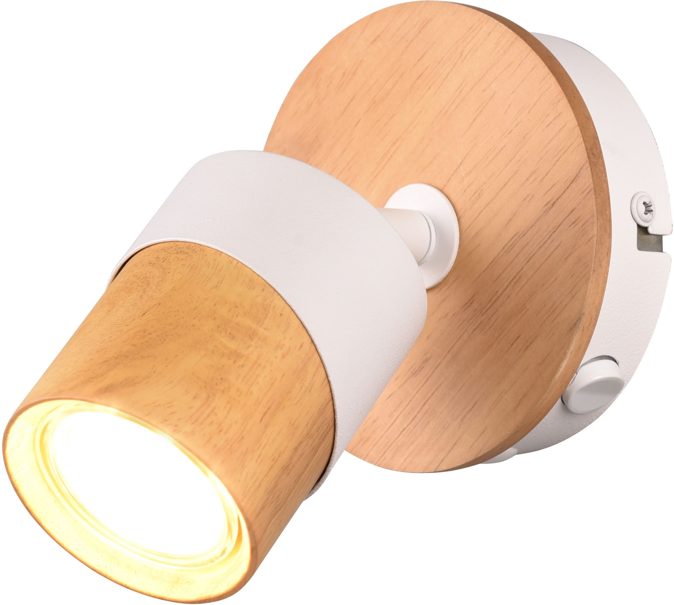 TRIO Leuchten Deckenstrahler ARUNI, Spot 1-flammig Wandspot Deckenspot exkl 1x GU10 max 10W, Ein-/Ausschalter, Leuchtmittel wechselbar, warmweiß - kaltweiß, Wandstrahler mit ON/OFF-Schalter Materialmix Holz / Metall verstellbar