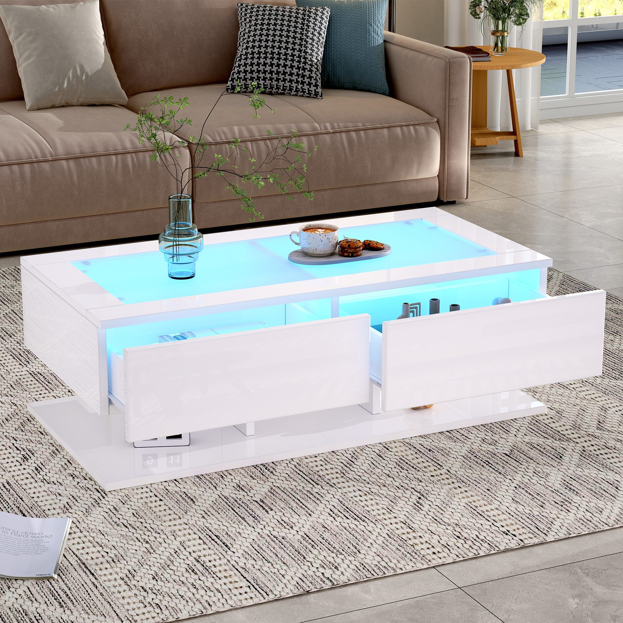 REDOM Couchtisch Hochglanz Beistelltisch mit Glasplatte und LED-Beleuchtung günstig online kaufen