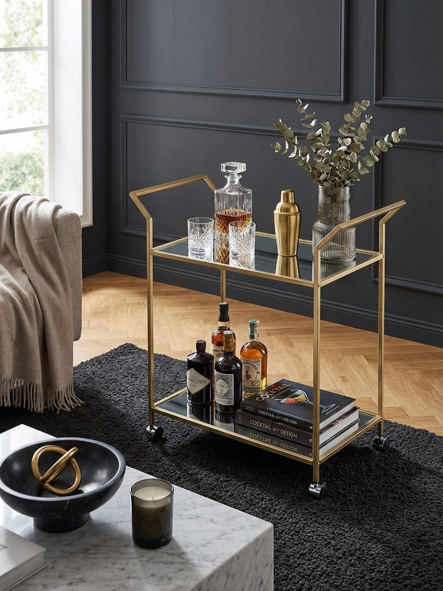 KADIMA DESIGN Servierwagen Rollwagen in Gold, Flexibler Beistelltisch mit Stauraum