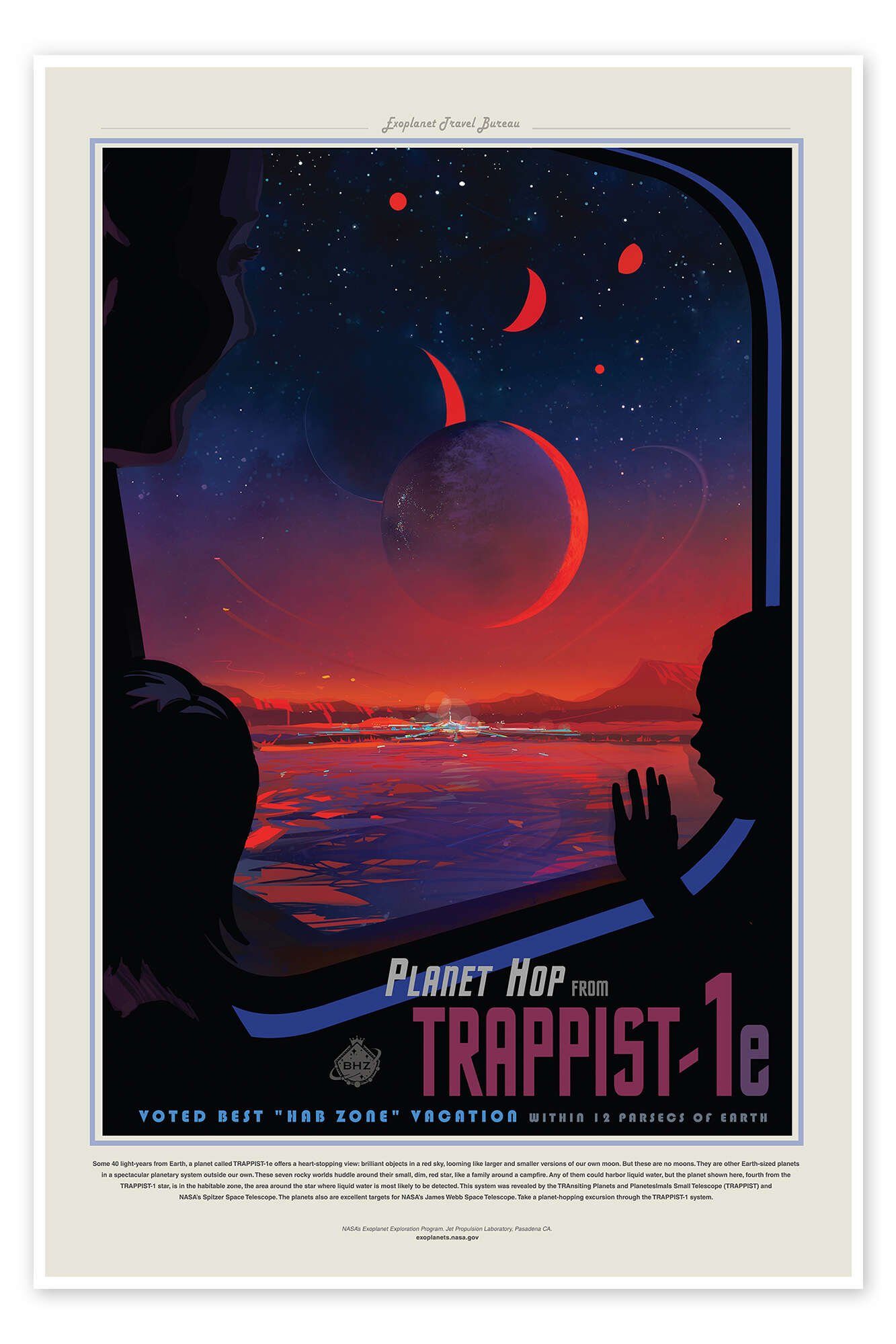 Posterlounge Poster NASA, Retro Space Travel - Trappist-1e, Wohnzimmer Vintage Grafikdesign