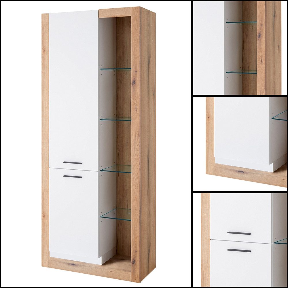 Lomadox Vitrine BELLAGIO-61 Wohnzimmerschrank in weiß mit Eiche 80 cm breit mit Glaseinlegeböden