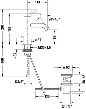Duravit Waschtischarmatur C.1 Waschtischmischer, Größe M, mit Zugstangen-Ablaufgarnitur mit AquaControl und AirPlus, Ausladung 11,3 cm, Chrom