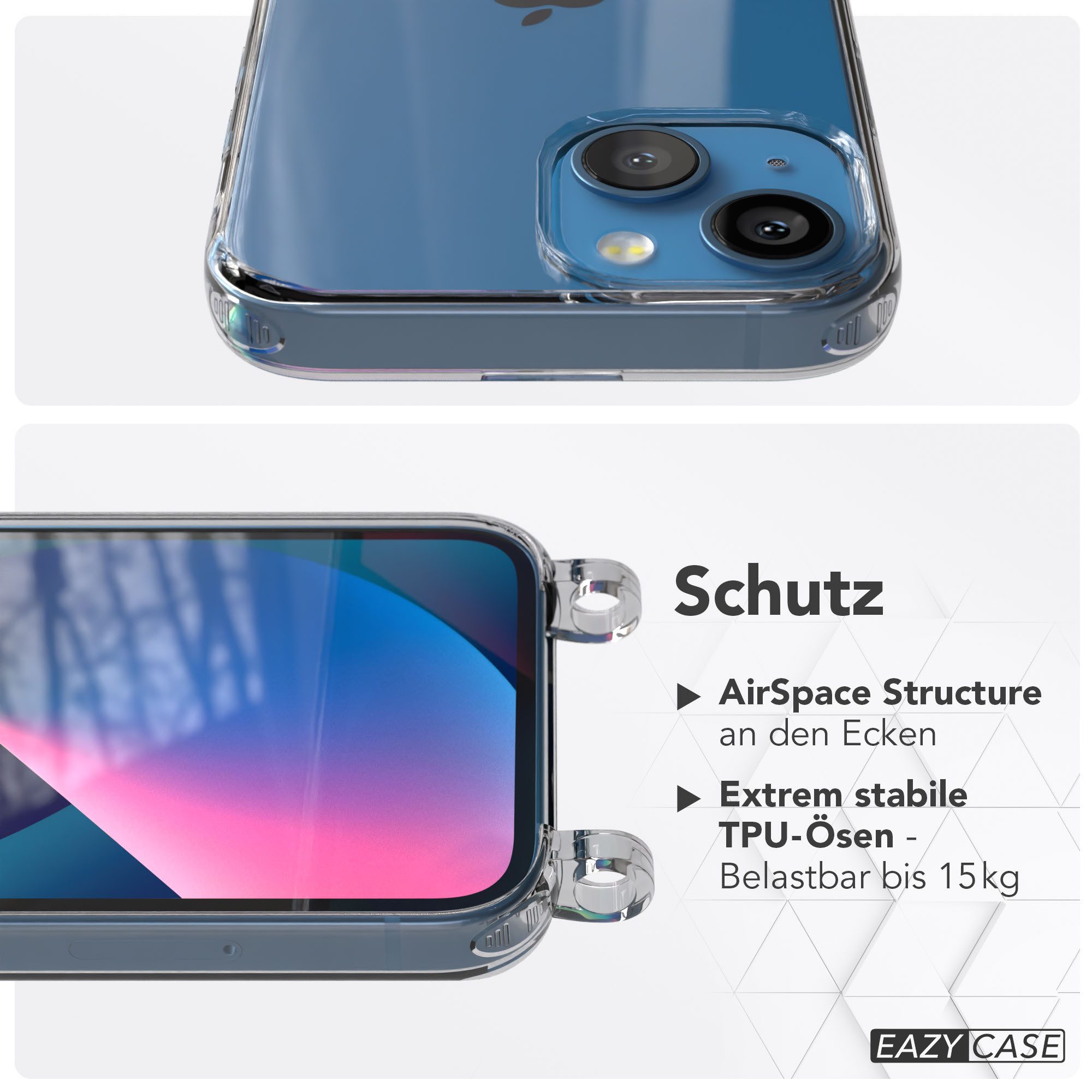 EAZY CASE Handykette Handyhülle für Handyketten mit Befestigungsösen für iPhone Modelle 5,4 Zoll, Hülle für Handykette, Transparent mit Ösen für Apple iPhone 13 Mini