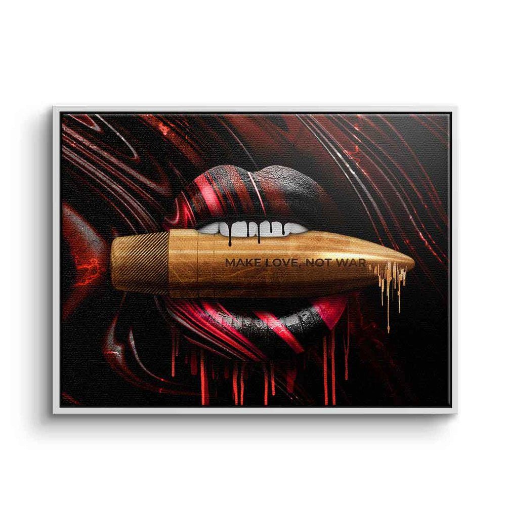 DOTCOMCANVAS® Leinwandbild, Leinwandbild Make Love Not War Motiv rote Lippen mit premium Rahmen weißer Rahmen