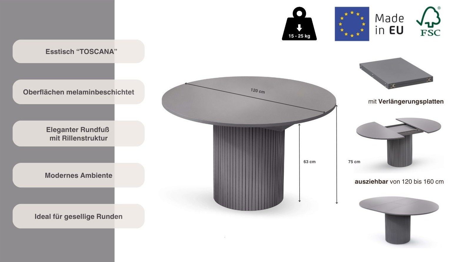 Woodman Esstisch Toscana, Breite 120 cm, melaminbeschichtet, mit Verlängerungsplatten, FSC®