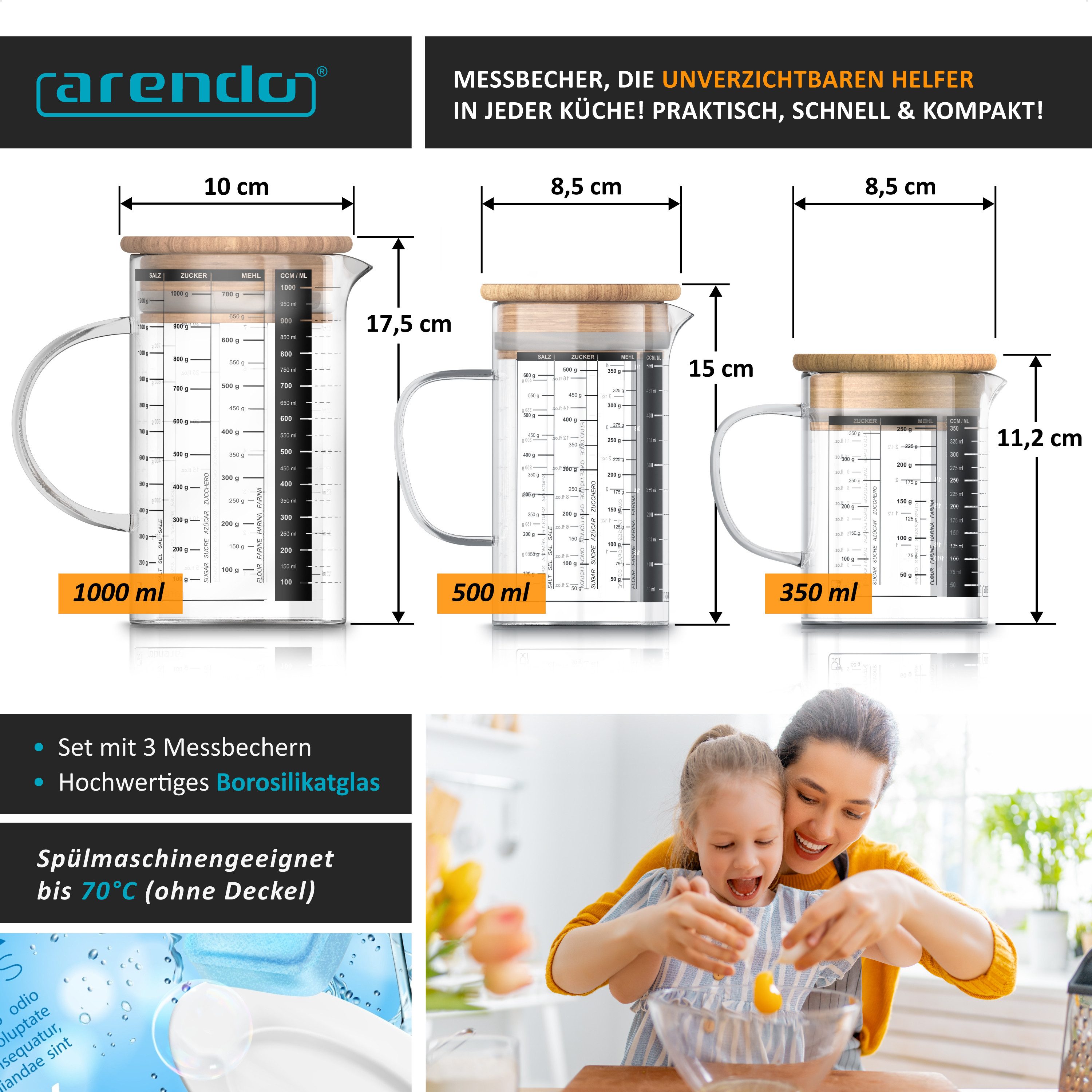 Arendo Messbecher 250ml, 500 ml & 1000 ml Glas Messkrug Set mit Bambusdeckel, luftdicht, Glas, (Set, 3-St), Küchenbehälter, Silikondichtung, für Mehl Zucker Gewürze Süßigkeiten