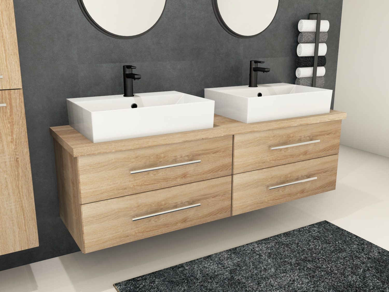 Aqua Bagno Badmöbel-Set Badmöbel-Set Flex 160 cm Eiche Gold mit eckigen Aufsatzbecken & Platte, (vormontiert, 5-St., Badmöbelschrank melaminbeschichtet, Trägerplatte, Keramikwaschbecken), einfache Montage, Skandi
