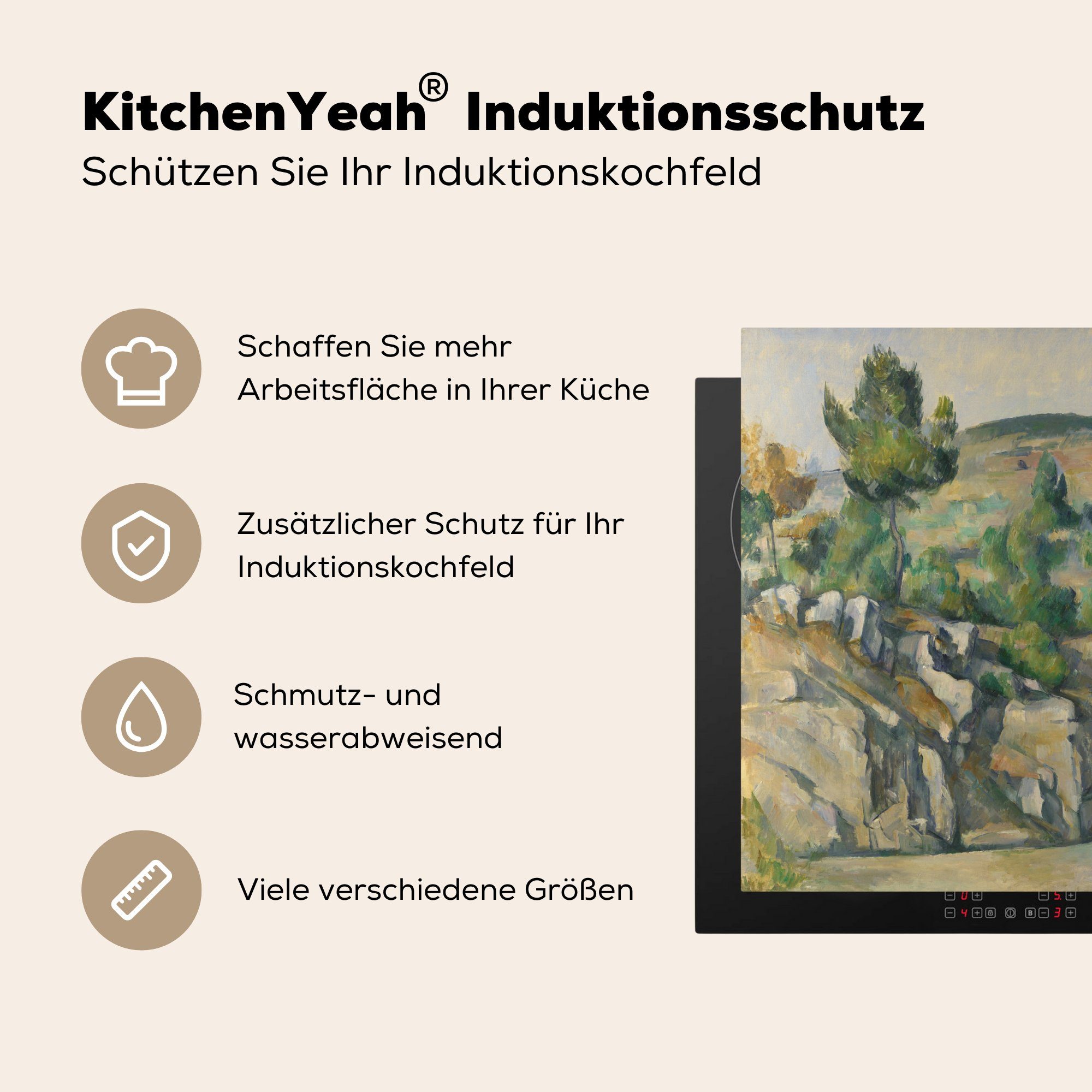 in - Gemälde 60x52 von Cézanne, Mobile nutzbar, tlg), cm, der MuchoWow Herdblende-/Abdeckplatte Provence Ceranfeldabdeckung (1 Vinyl, Hügellandschaft Paul Arbeitsfläche