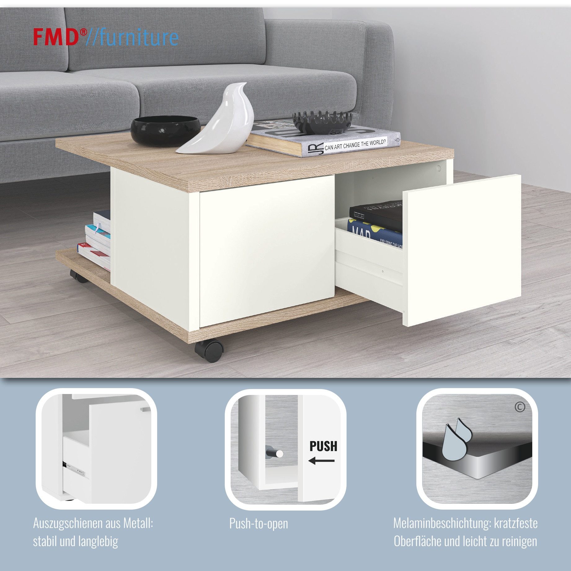 FMD Couchtisch Twin, Schubladen als Push-to-open, viel Staur., mit Rollen, Breite: 70 cm