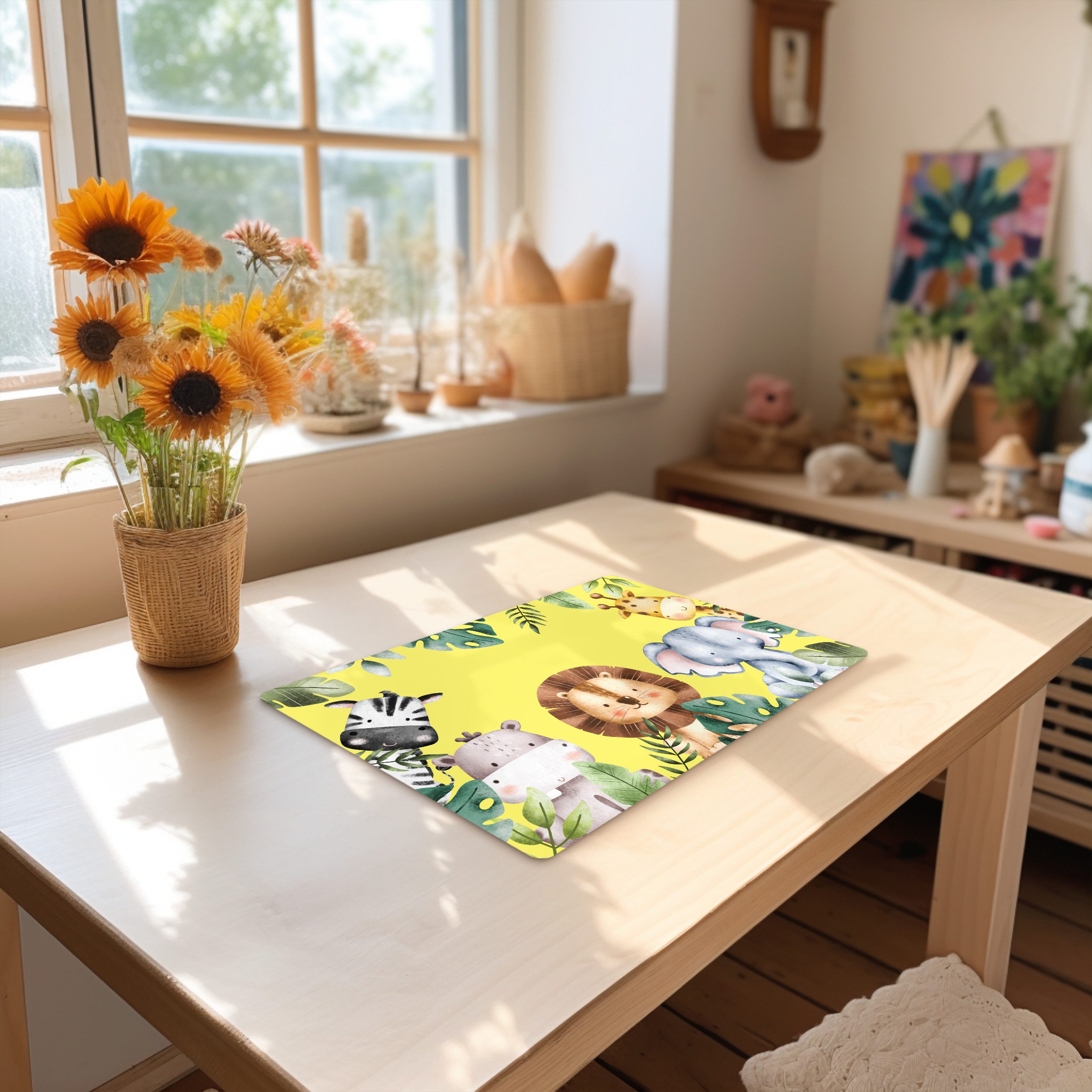 MuchoWow Platzset Tiere - Blätter - Kind - Gelb - Aquarell, (1-St), Kinder-Arbeitsunterlage Schreibtisch, Bastelmatte Kind, Zeichenmatte – Bild 4 von 5