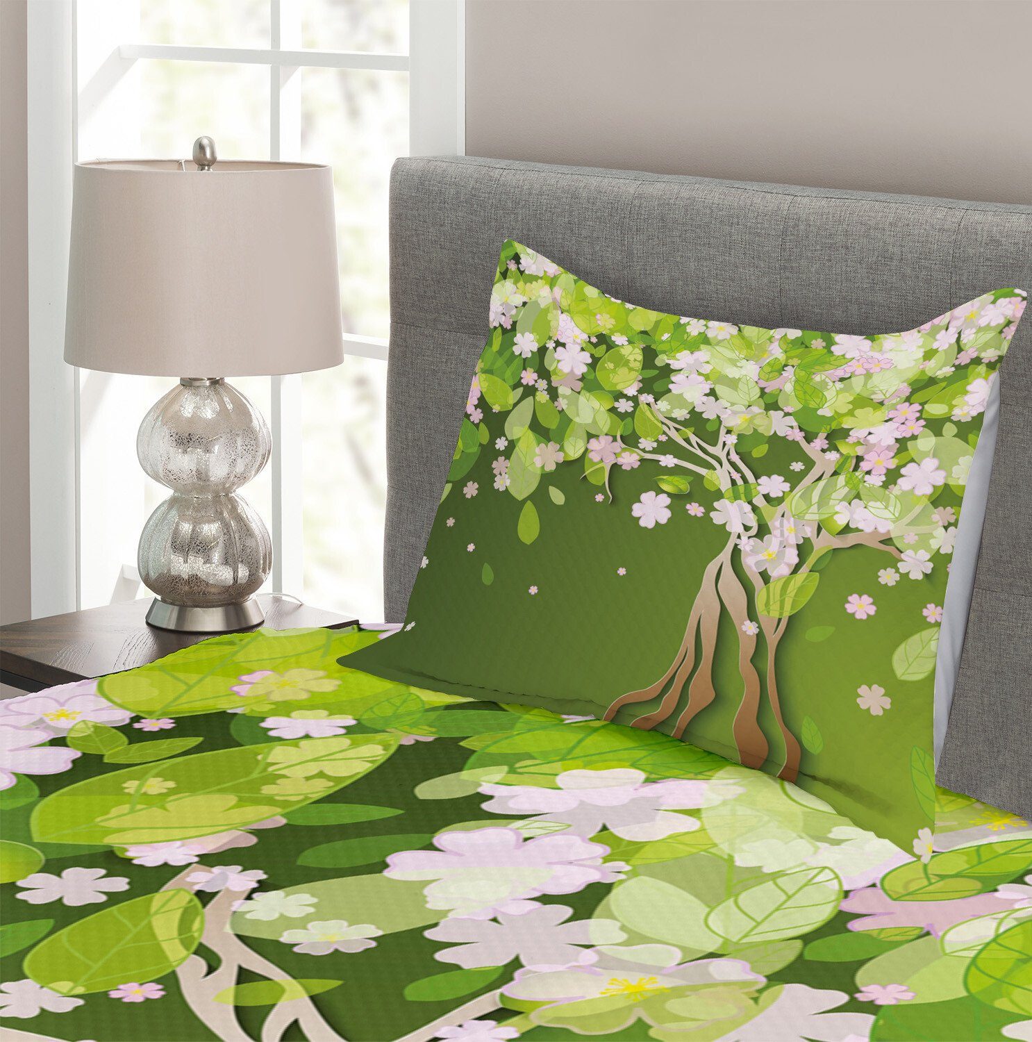 Tagesdecke Set mit Röschen Waschbar, Blütenblätter Blühende Abakuhaus, Baum Kissenbezügen