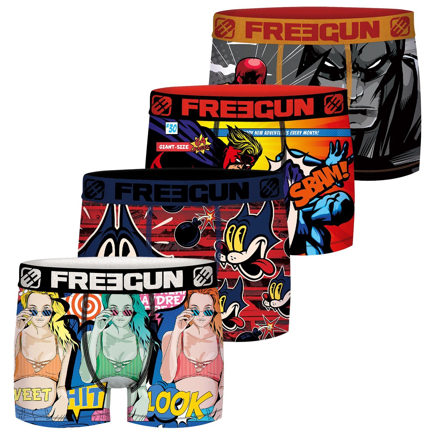 Freegun Boxershorts Herren Comic Print Trunks Regular Fit (4-St) ohne Eingriff mit Stretch