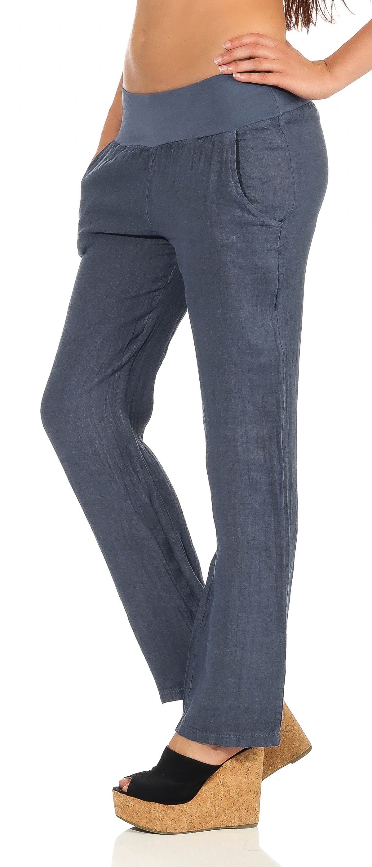 malito more than fashion Leinenhose malito Damen Hose aus Leinen, Stoffhose in Uni Farben, Freizeithose leichte Stoffhose mit elastischem Bund