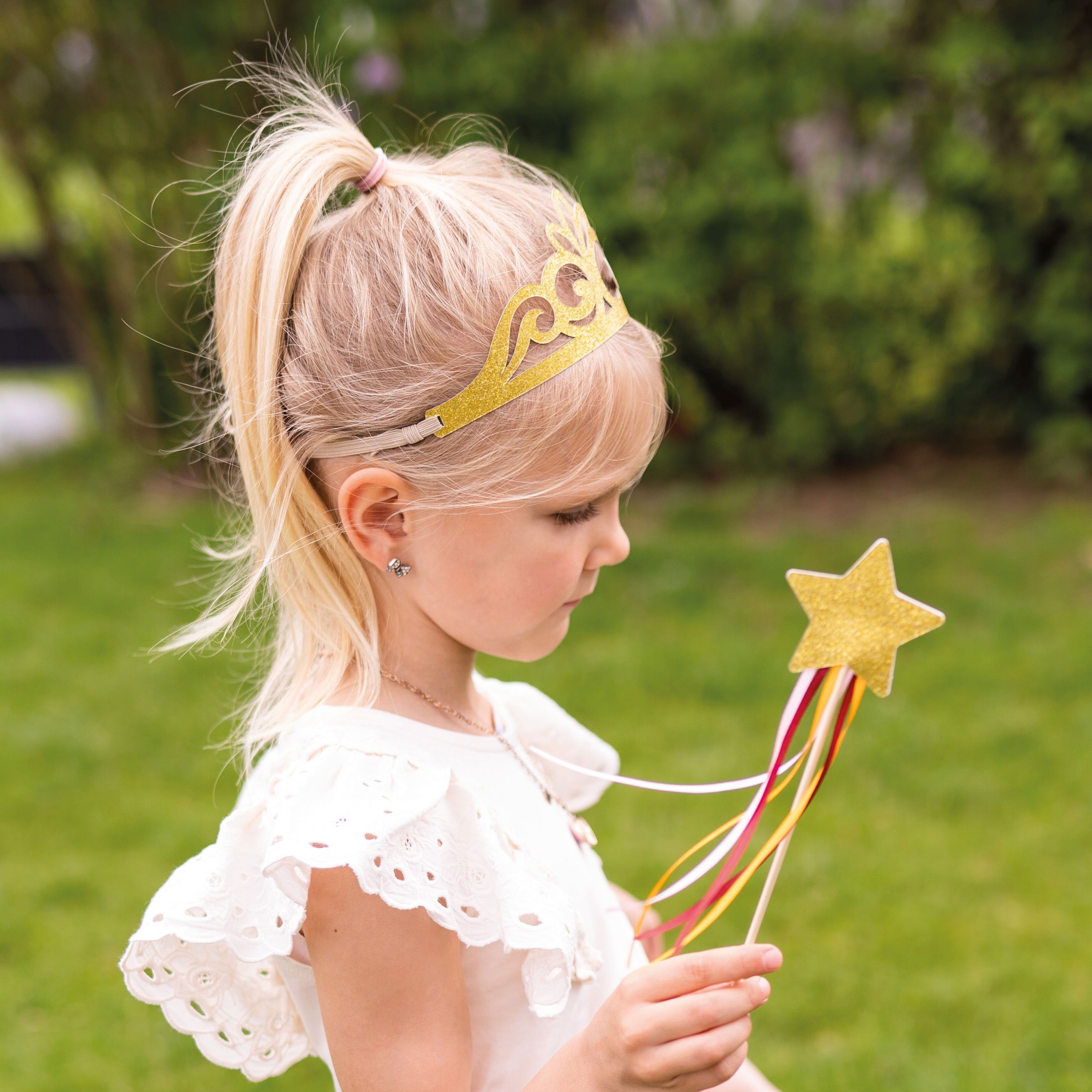 PAPIERDRACHEN Prinzessin-Kostüm Kronen mit Zauberstab - 4er Set - Glitzernde Farben
