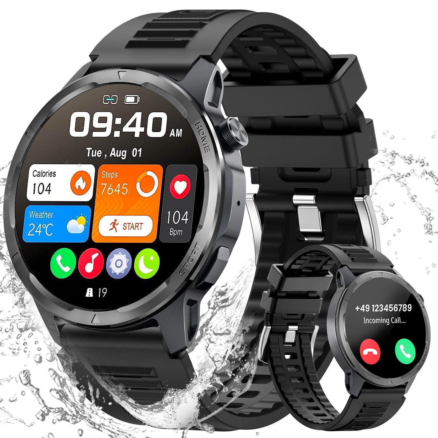 Sanorum Smartwatch Herren mit Telefonfunktion Smartwatch (3.53 cm/1.39 Zoll, HD-Touchscreen) mit 100 Sportmodi, IP68 Wasserdichte Fitnessuhr Tracker, mit Schlafmonitor Schrittzähler Pulsuhr SpO2