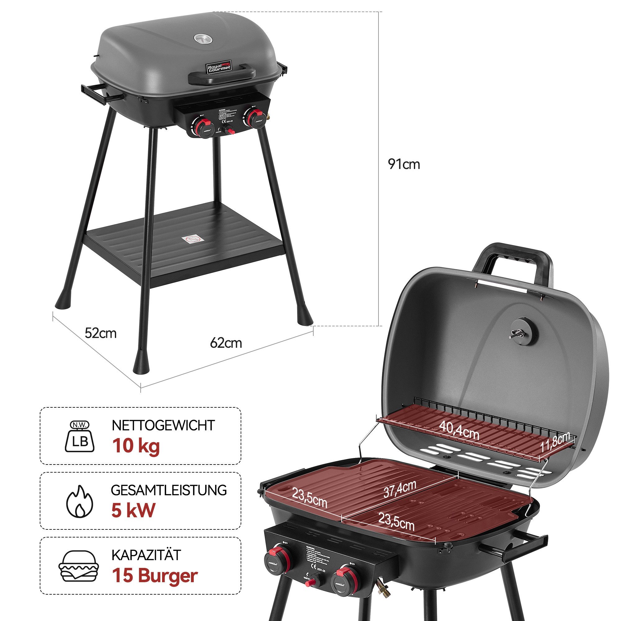 Royal Gourmet Gasgrill 2- Brenner Gasgrill, 5 kW Standrrill, Grillwagen für Camping, 2-in-1-Funktionalität, Zwei 2,5 kW Edelstahlbrenner
