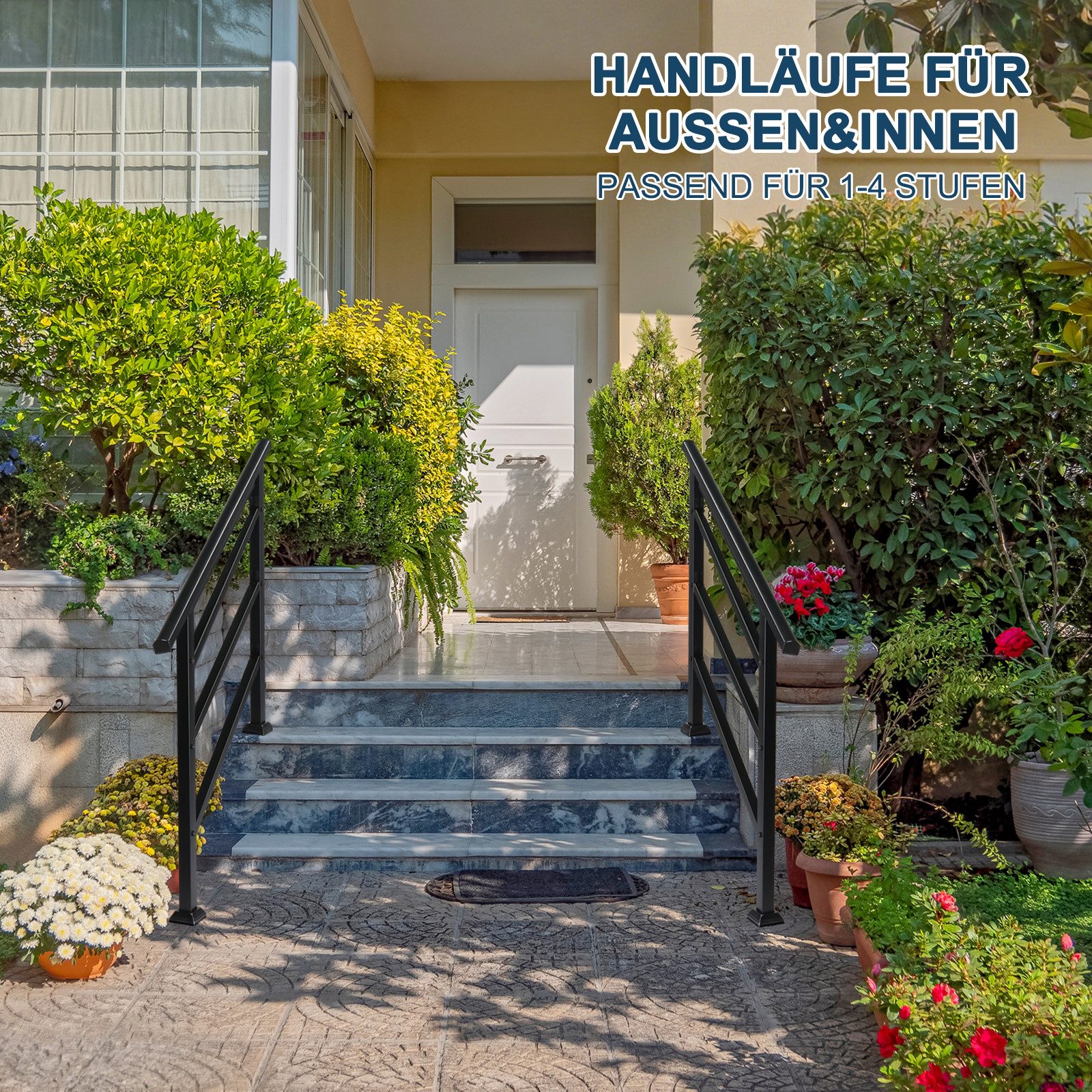 LALAHO Treppengeländer Handlauf Geländer für Treppen Brüstung Balkon, 143 cm Länge, 135 cm Höhe, mit 2 Pfosten, 1–4 Stufen, 3 Querstreben