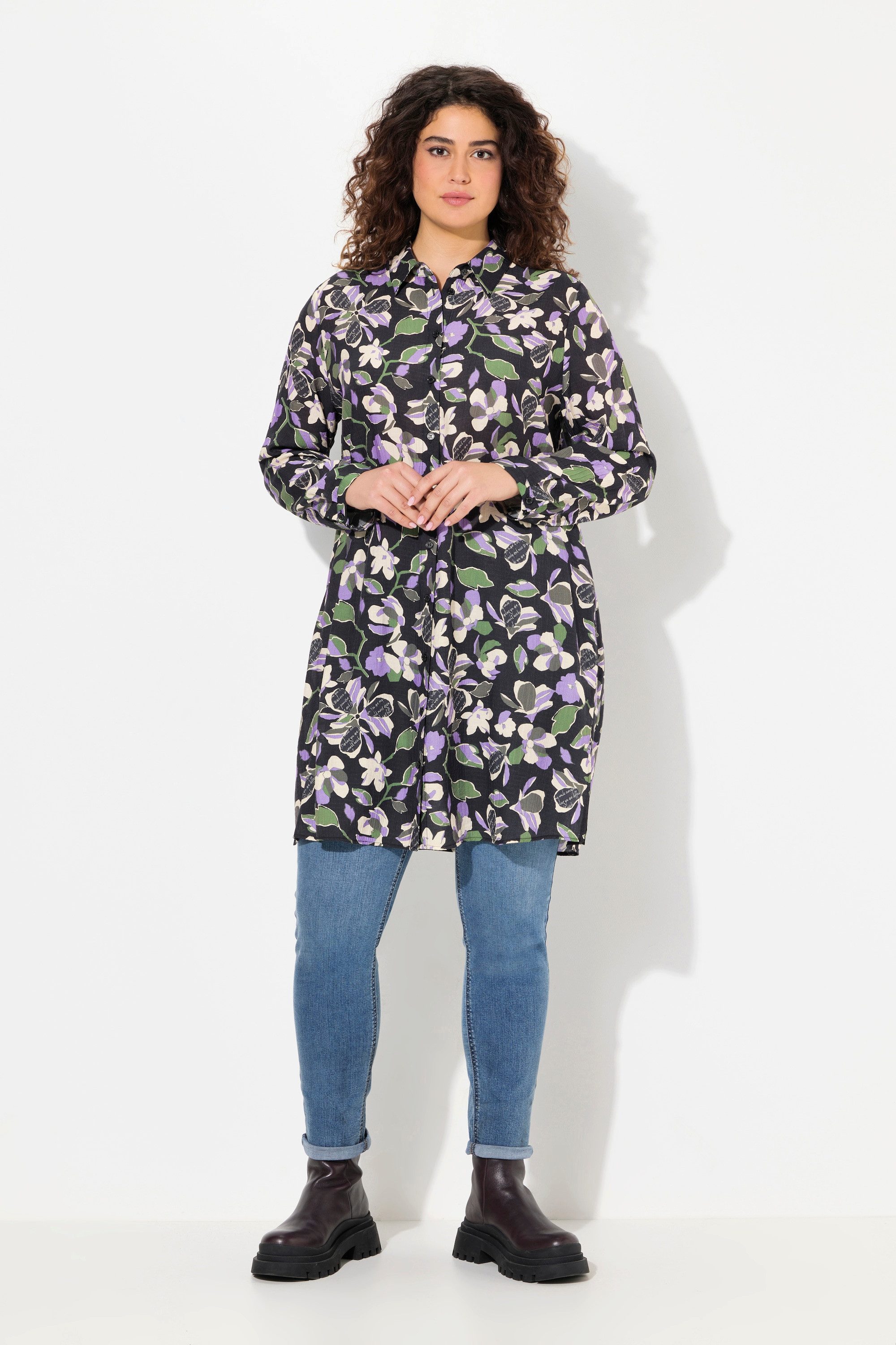 Longbluse Longbluse Blüten A-Linie Hemdkragen Langarm