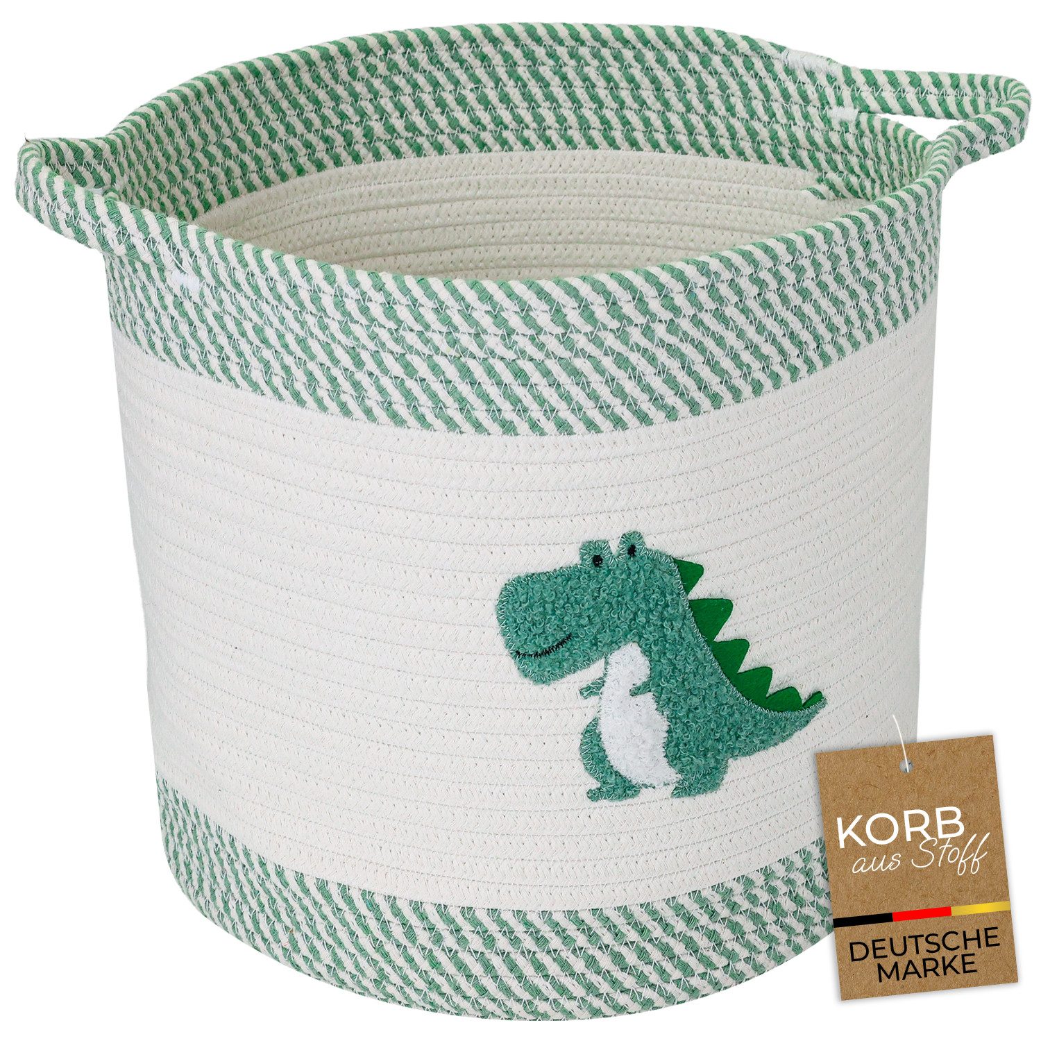 HMF Aufbewahrungskorb Aufbewahrungskorb mit verlängerten Griffen, runder Korb, Baumwolle für Kinderzimmer oder Babyzimmer,Dinosaurier, 30,5 x 30,5 cm