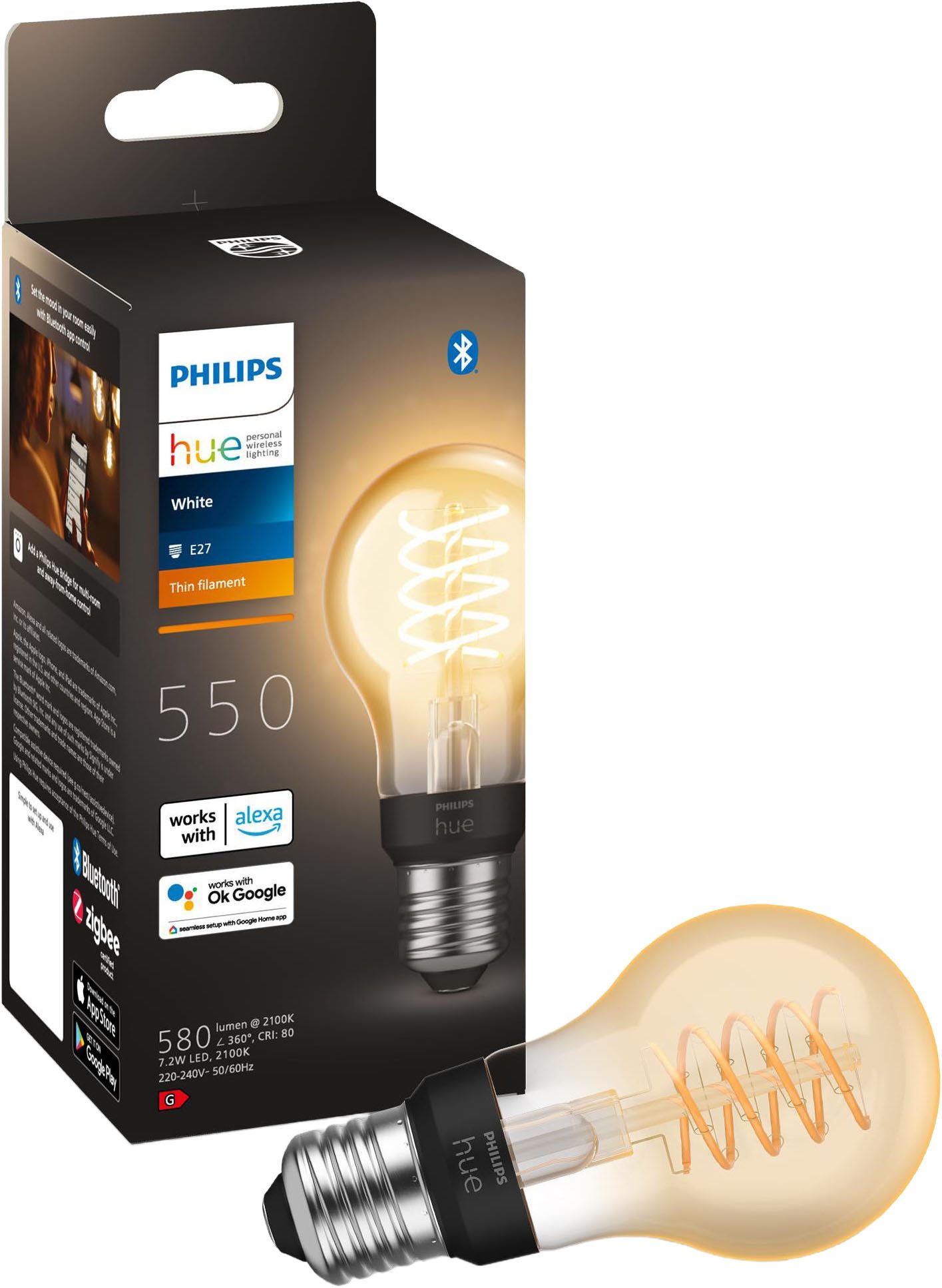 Philips Hue LED-Filament White Standard A60 550lm, E27, 1 St., Warmweiß