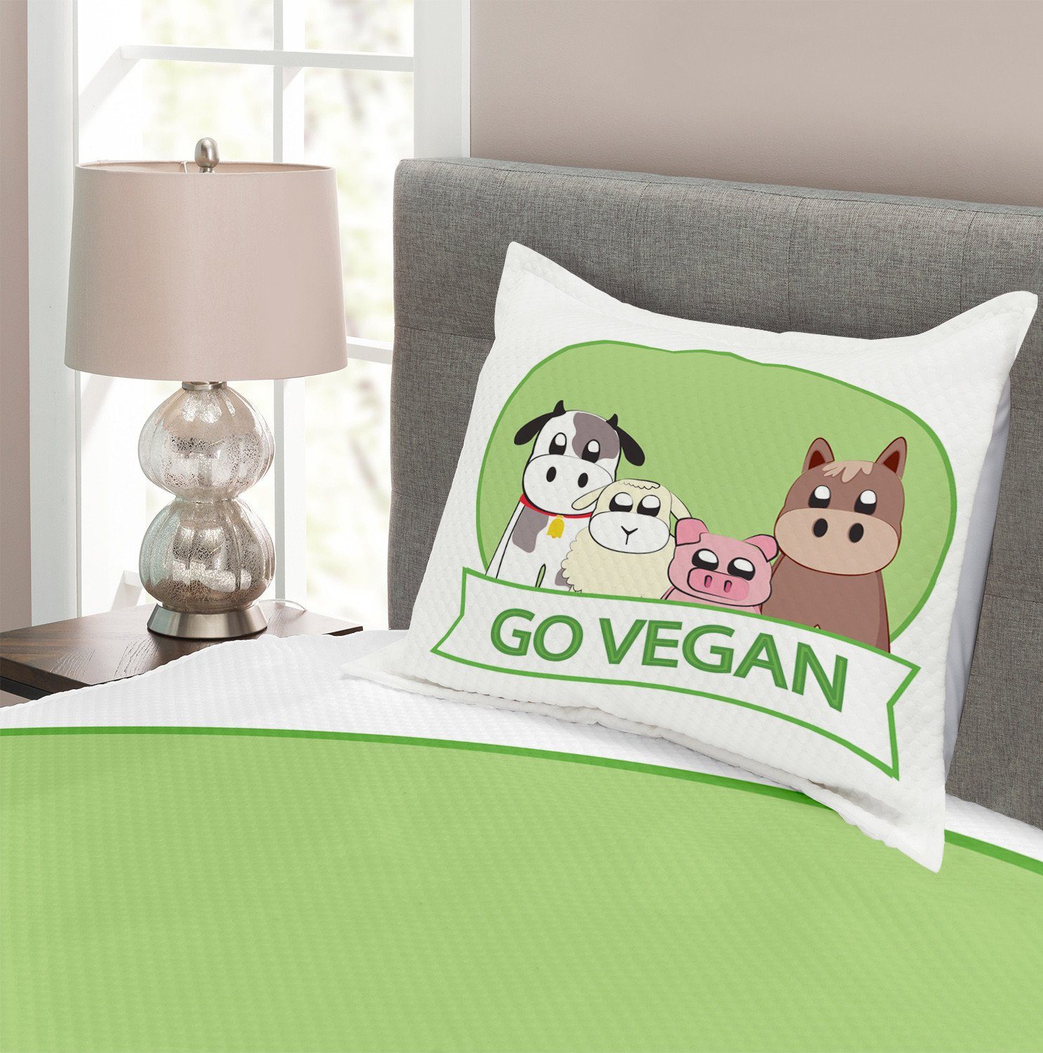 Tagesdecke mit Vegetarier Abakuhaus, Tiere Waschbar, Vegan Slogan Go Kissenbezügen Set