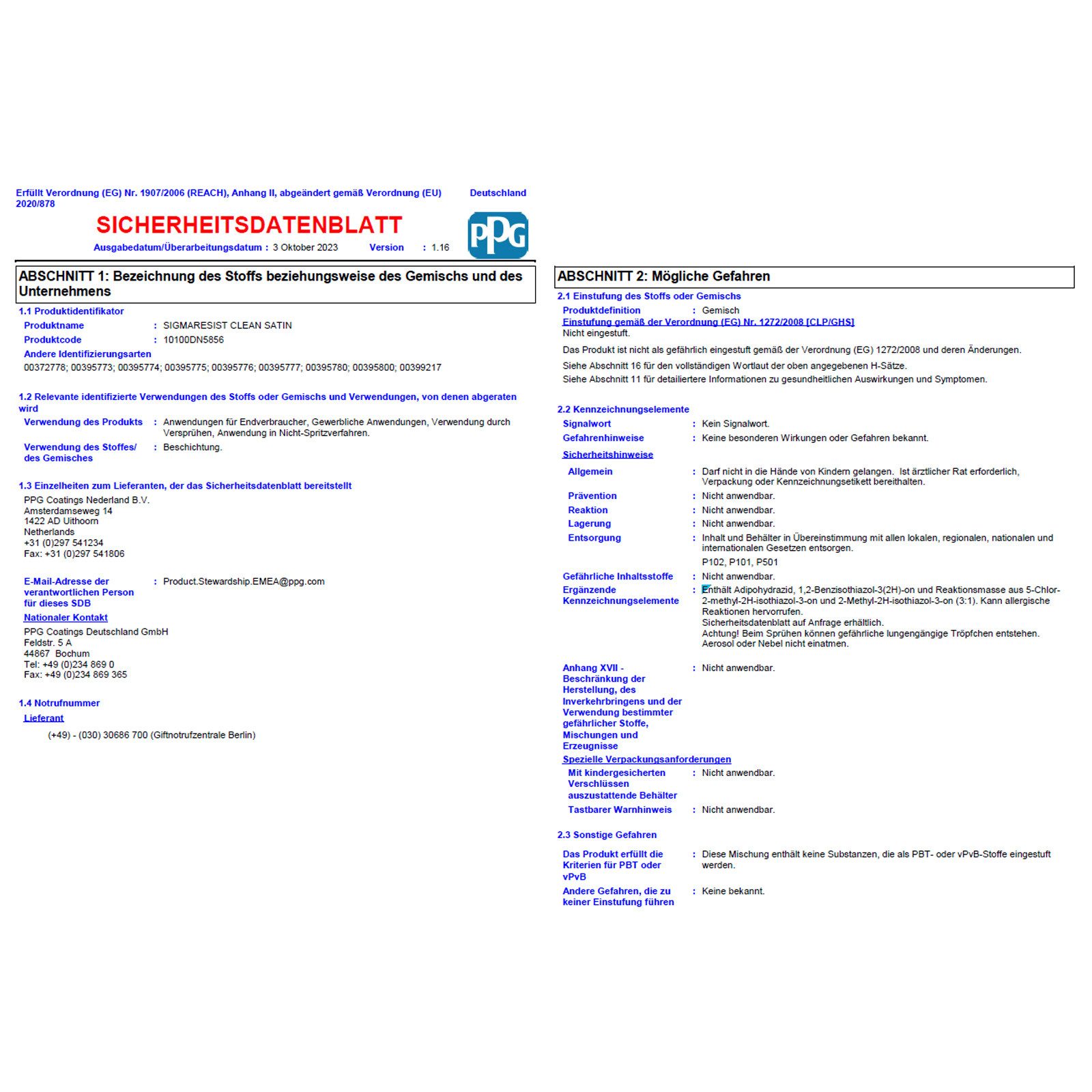 SIGMA Coatings Wandfarbe RESIST CLEAN SATIN - 10 LTR (WEISS)