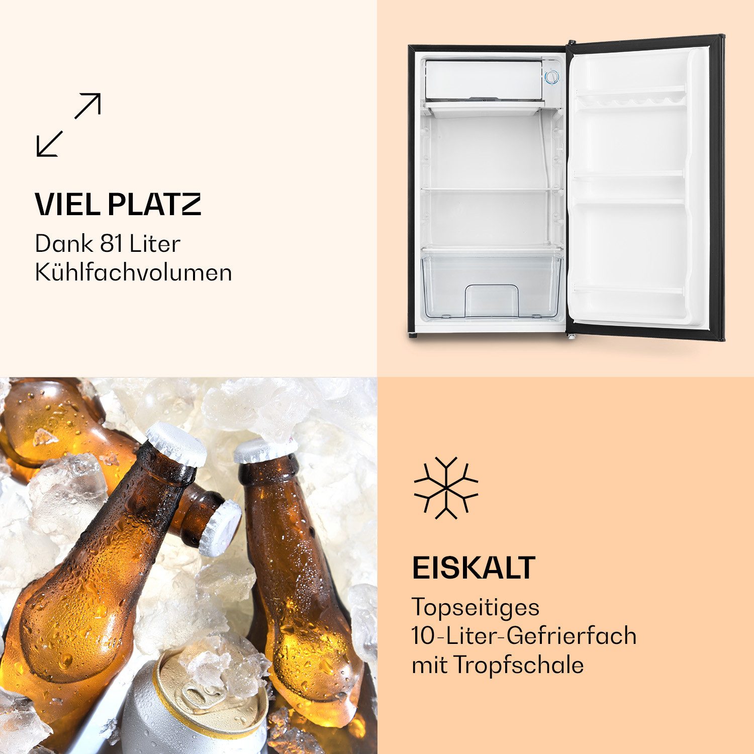 Klarstein Table Top Kühlschrank Spitzbergen Uni Kühlschrank 91L (81L Kühl + 10L Gefrier) Tafel-Look 10045918, 83.1 cm hoch, 47.4 cm breit, Kühl-Gefrierschrank Mini Fridge Getränkekühlschrank für Singles & Büro