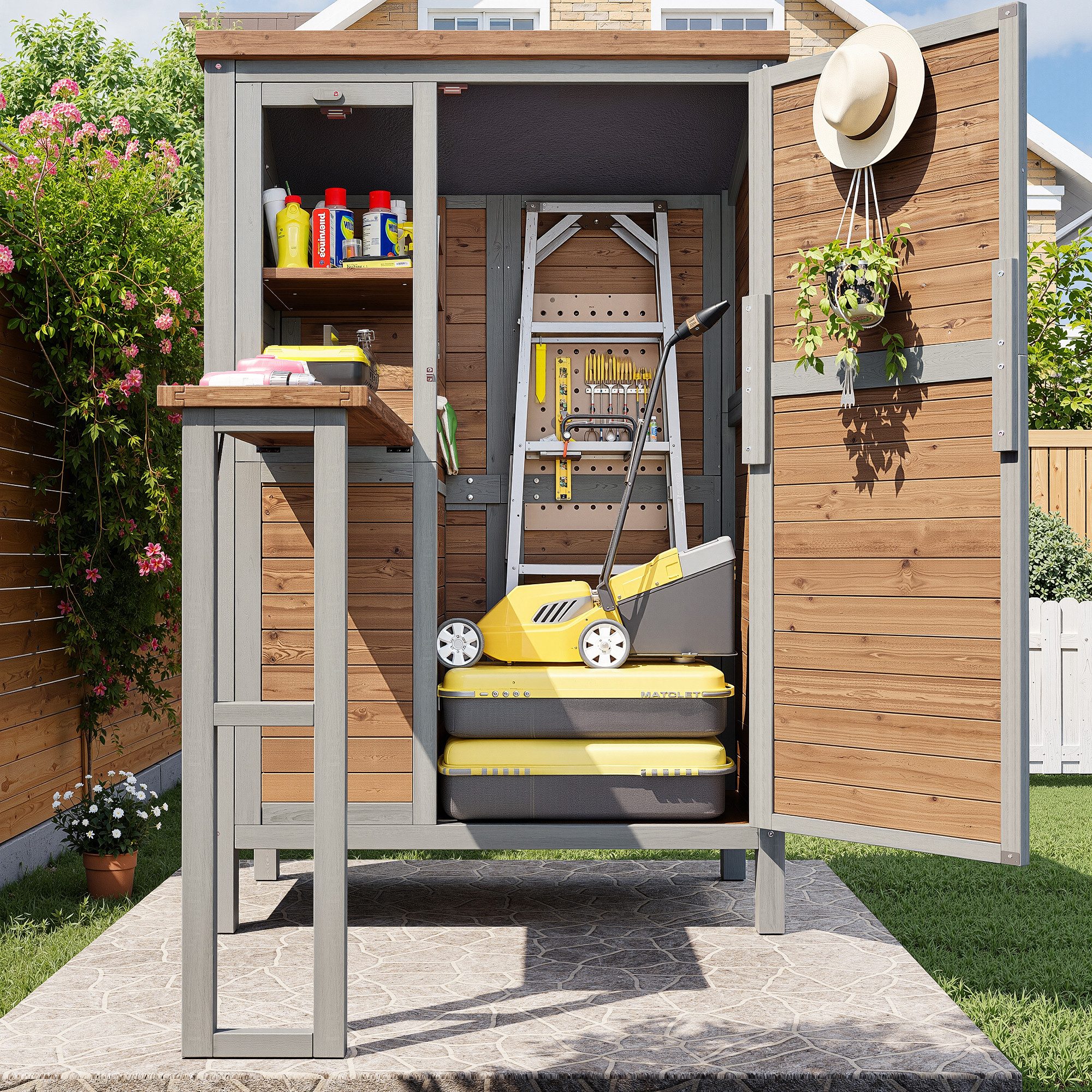 TavilaEcon Werkzeugschrank Gartenschrank, Outdoor Schrank mit ausklappbarer Arbeitsplatte (1-St) mit verstellbaren Regalen, Haken & Sicherheitsverschluss