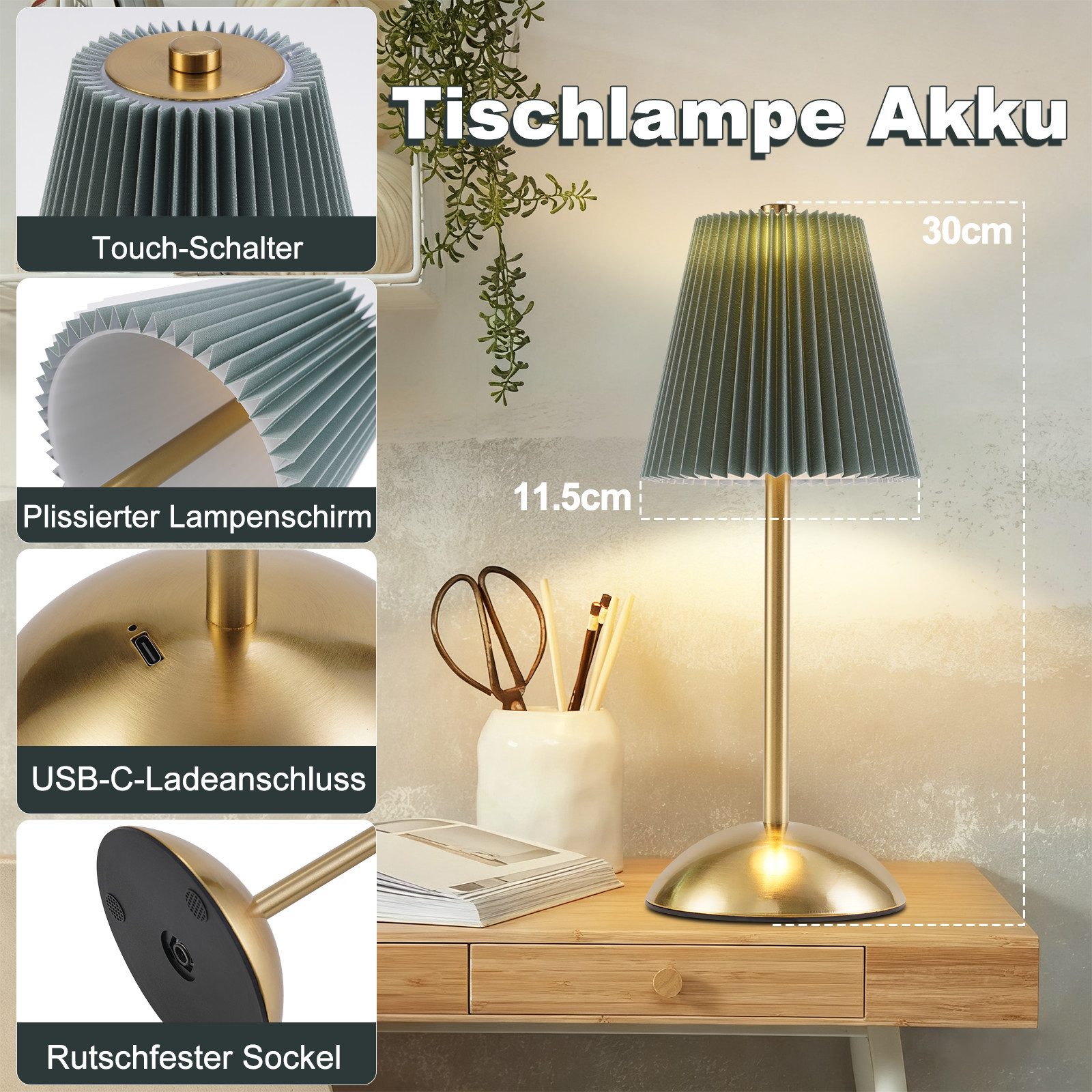 Nettlife LED Tischleuchte 2er Schwarz/Grün/Weiß/Orange/Graublau Stoff Retro Nachttischleuchte, 3 Lichtfarben Akku-Betrieb USB-ladbar, Schlafzimmer Wohnzimmer Arbeitszimmer Büros Eingangsbereiche