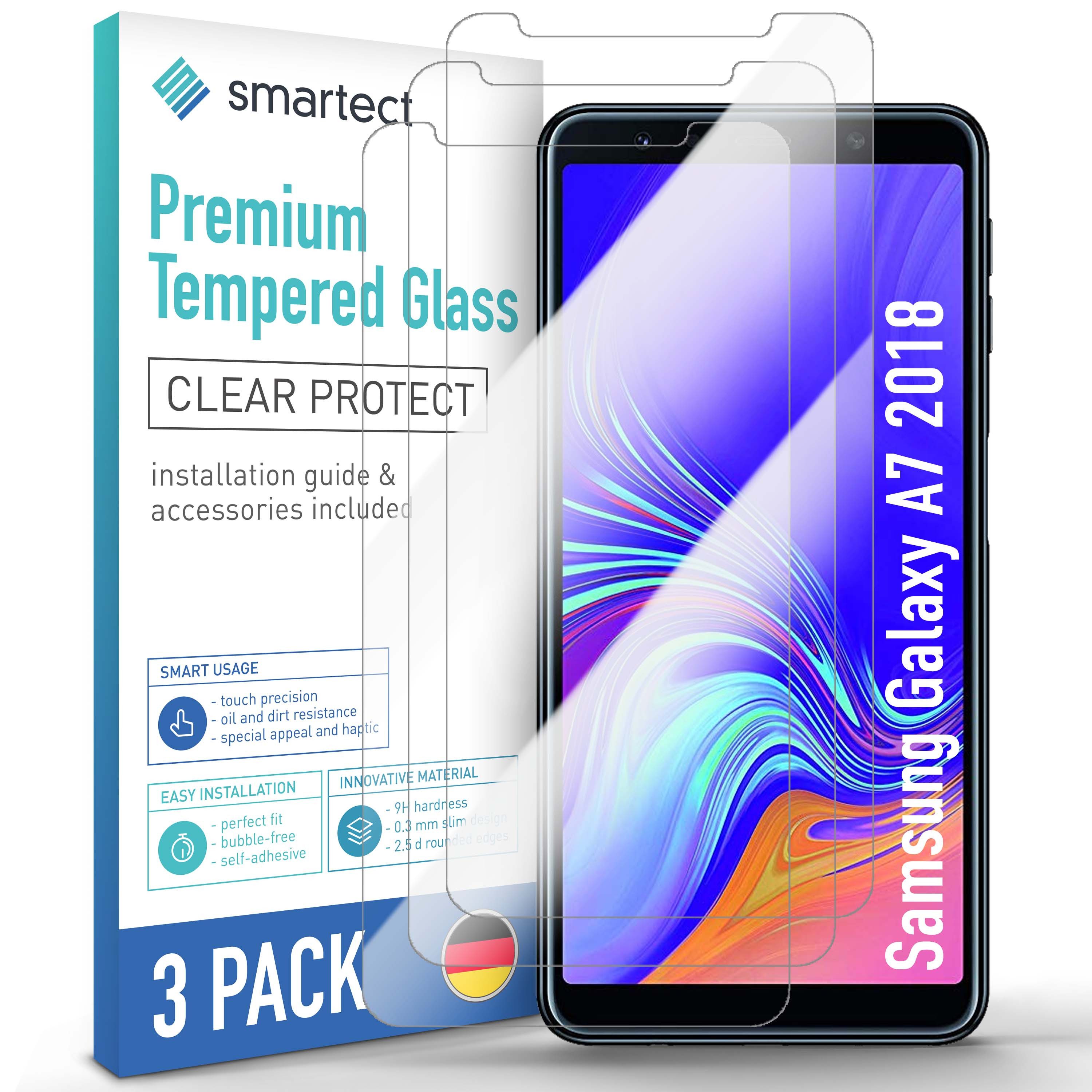 smartect Displayschutzglas Schutzglas Panzerfolie Klar für Samsung Galaxy A7 2018, Set, 3 Stück, Schutzfolie Glasschutz Bildschirm