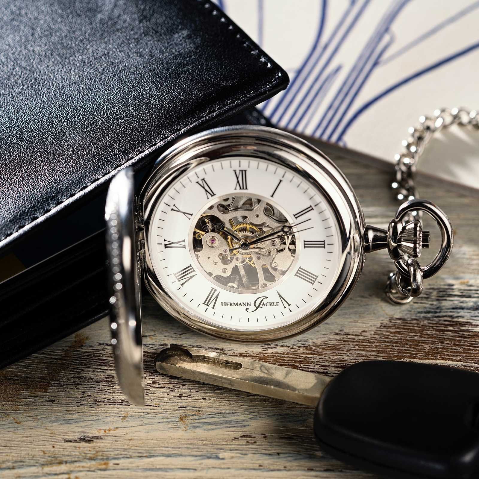 Hermann Jäckle Taschenuhr "Bayreuth II", Skelett-Handaufzug, Mineralglas, 50 mm, inkl. Kette & Reiseetui – Edle Herrenuhr im klassischen Design